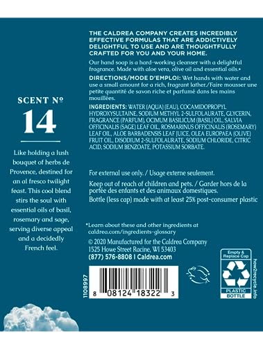 Caldrea Jabón Mano vertido Basil Blue Sage, idea para uso diario y aroma suave.