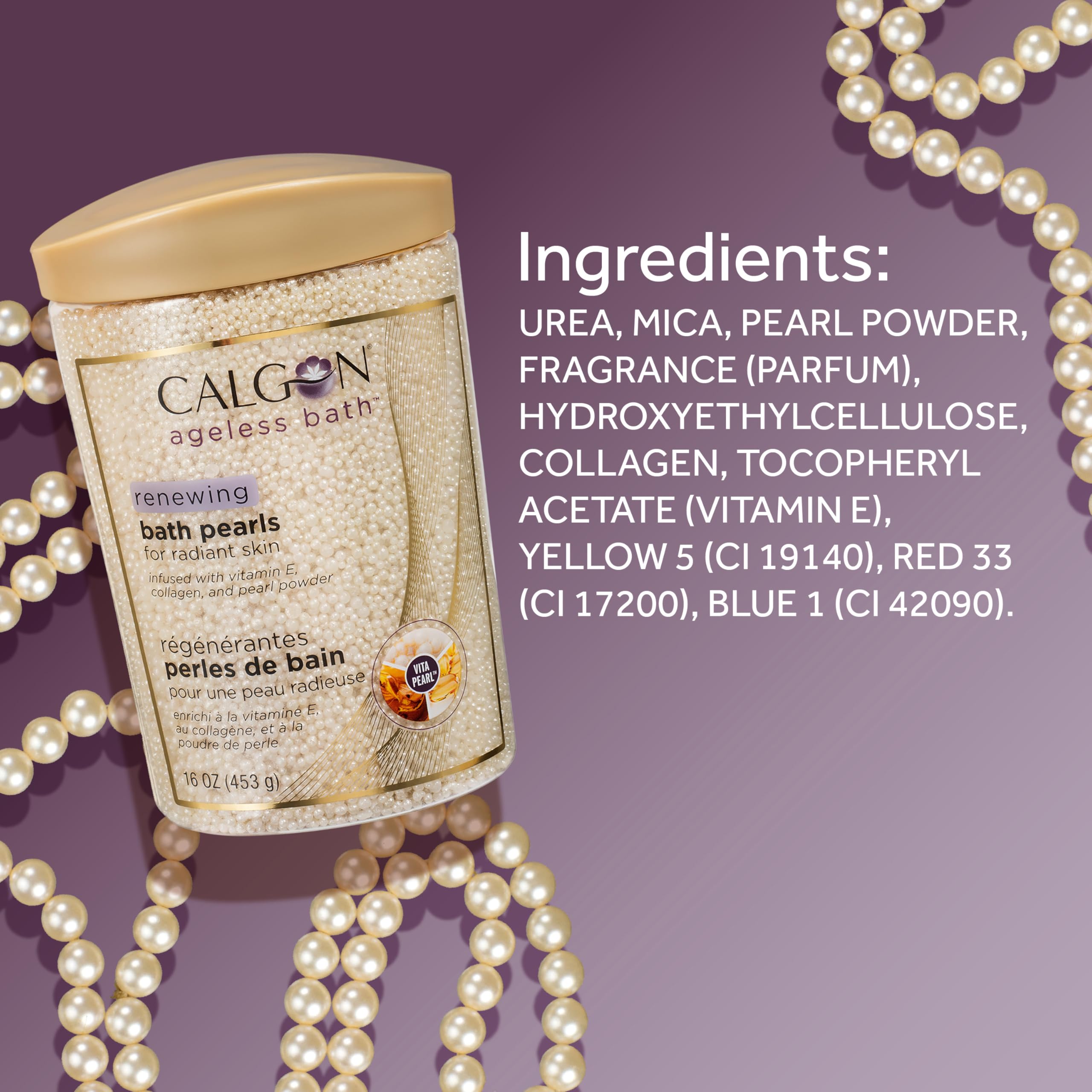 Calgon Ageless Renewing Pearls, baño relajante con notas frutales y cremosas