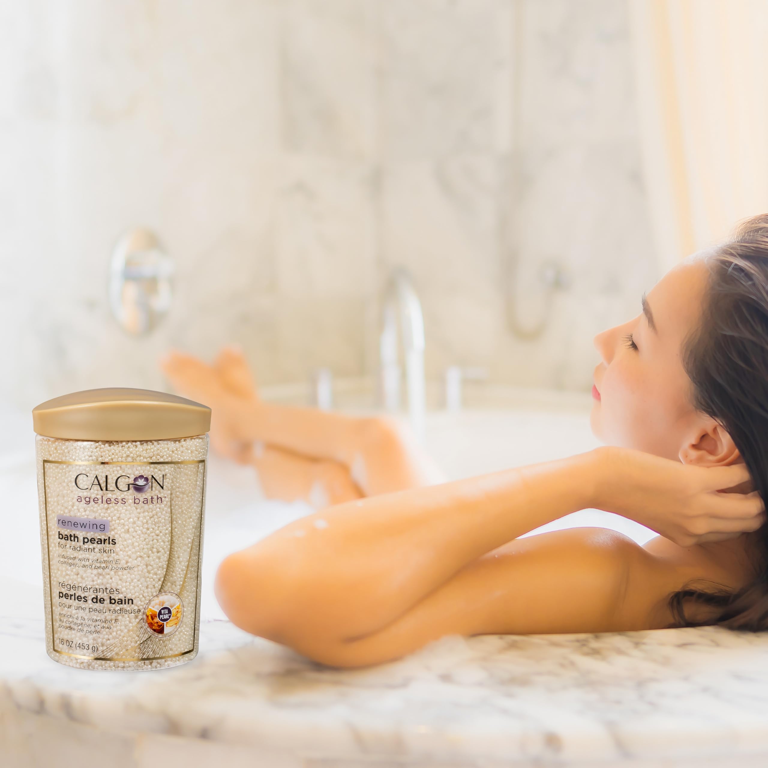Calgon Ageless Renewing Pearls, dispensador fácil para disolver en agua cálida