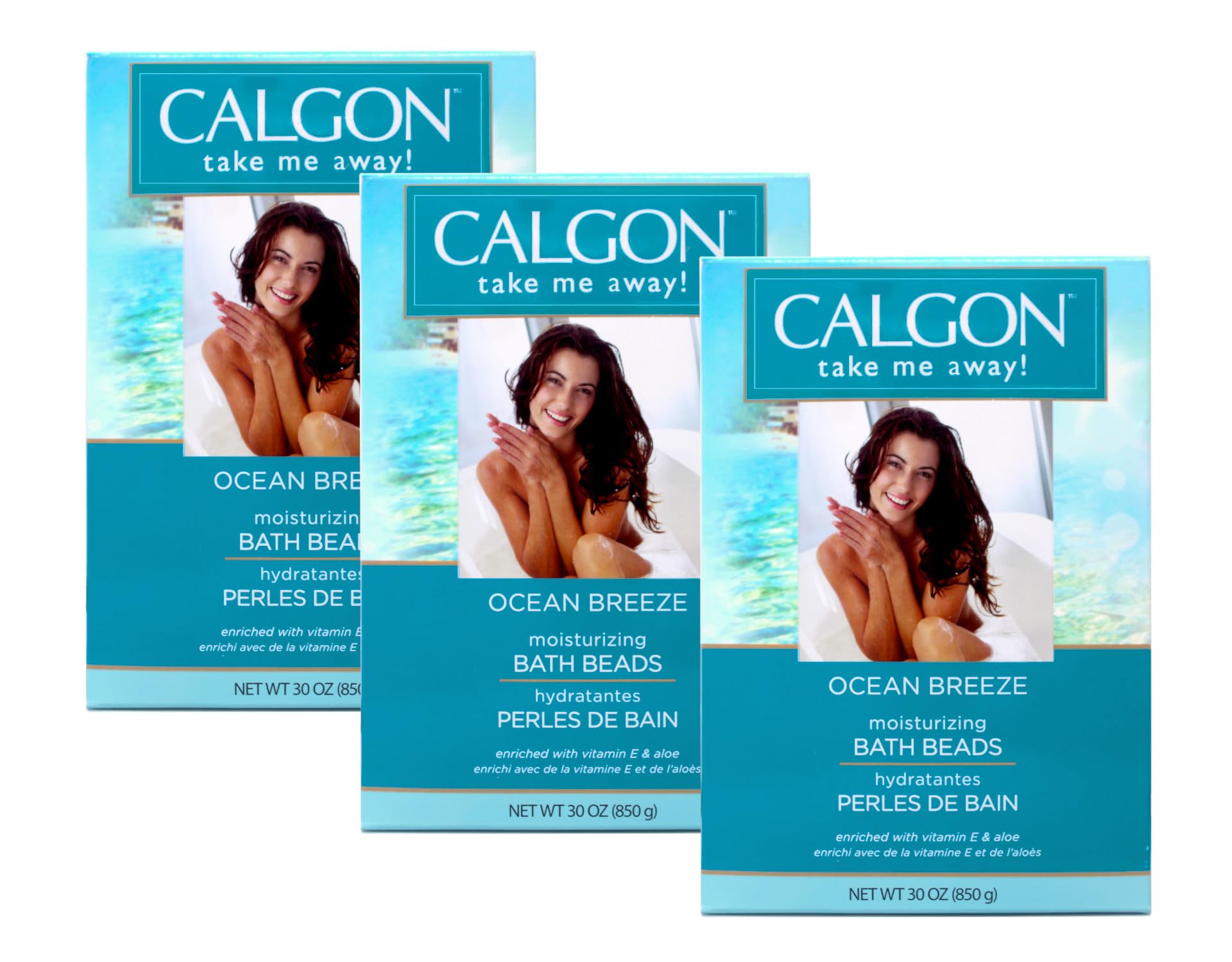 Calgon Ocean Breeze bath beads poured into water for a soothing moisturizing soak.