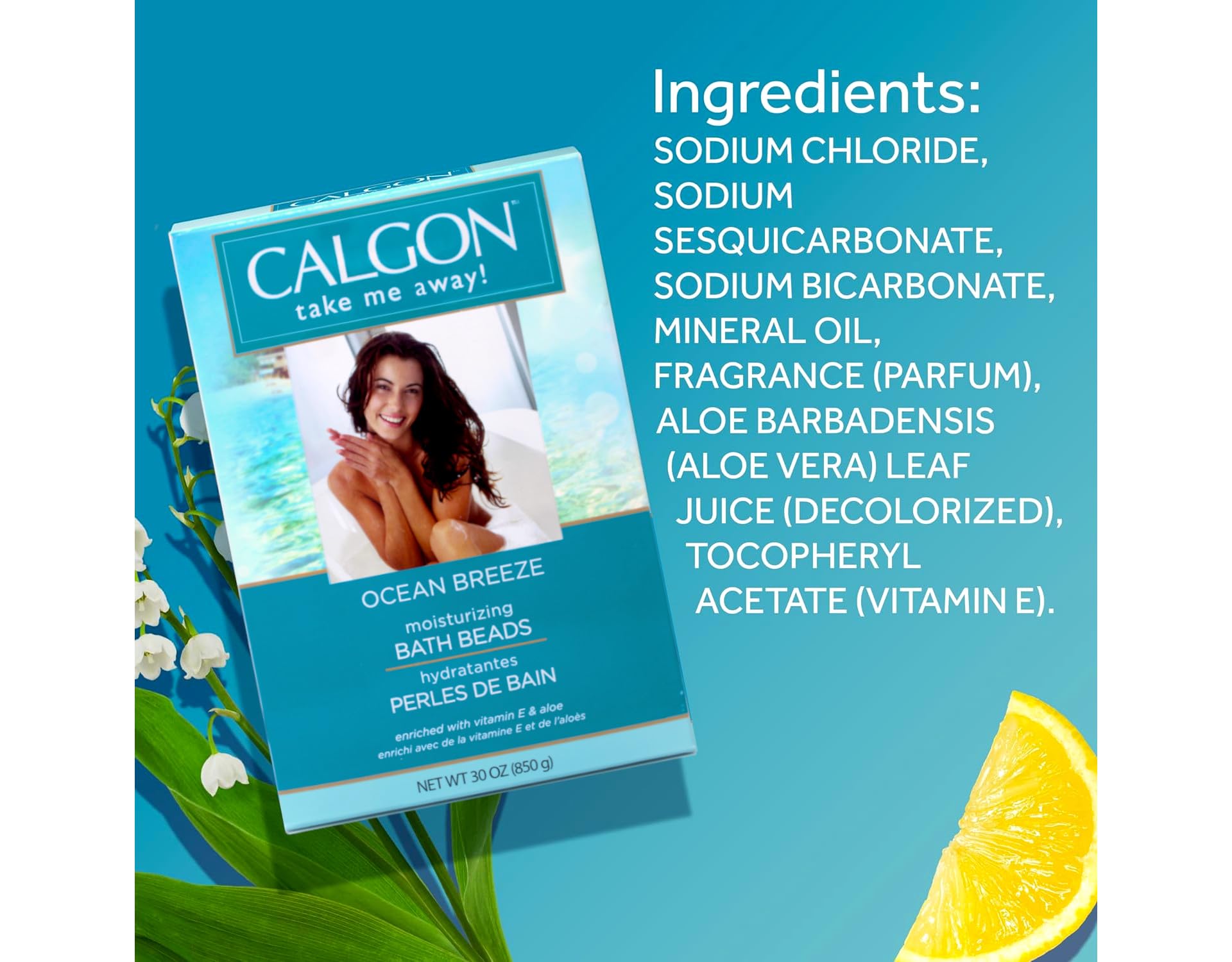 Calgon Ocean Breeze packaging shown beside a calming bath setup.