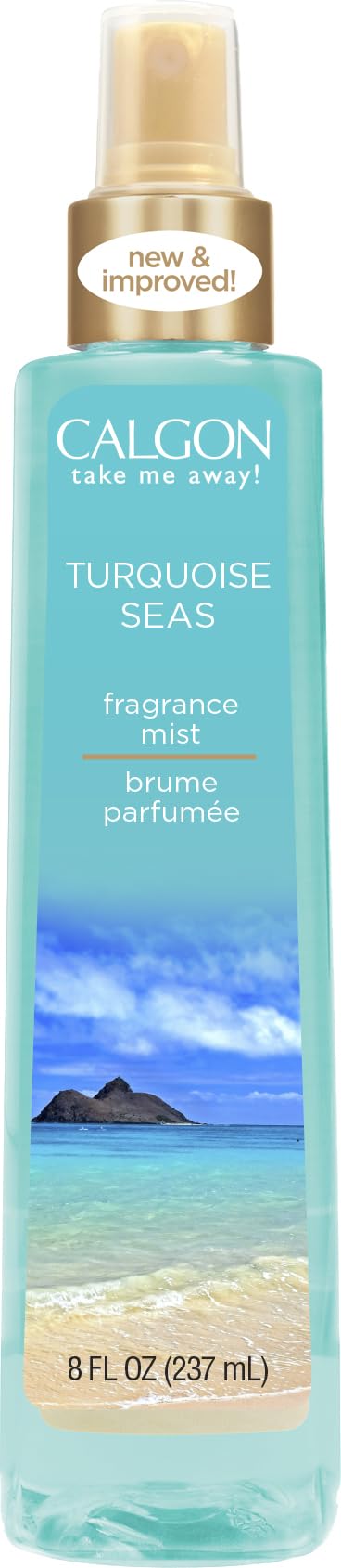 Calgon Turquoise Seas bruma corporal, botella frontal, fragancia fresca para el día.