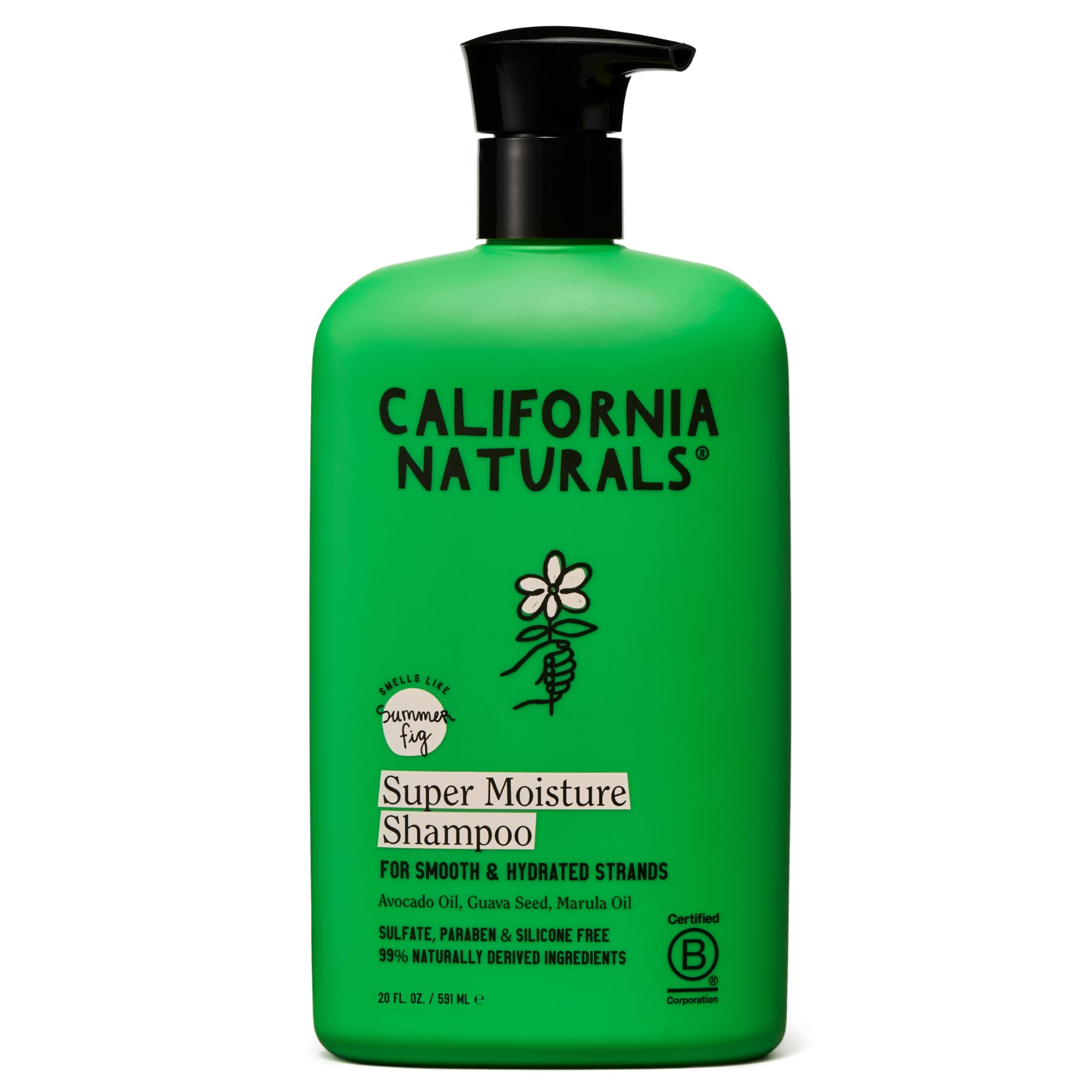 California Naturals Champú Hidratante en botella visible, cabello suave y nutrido.
