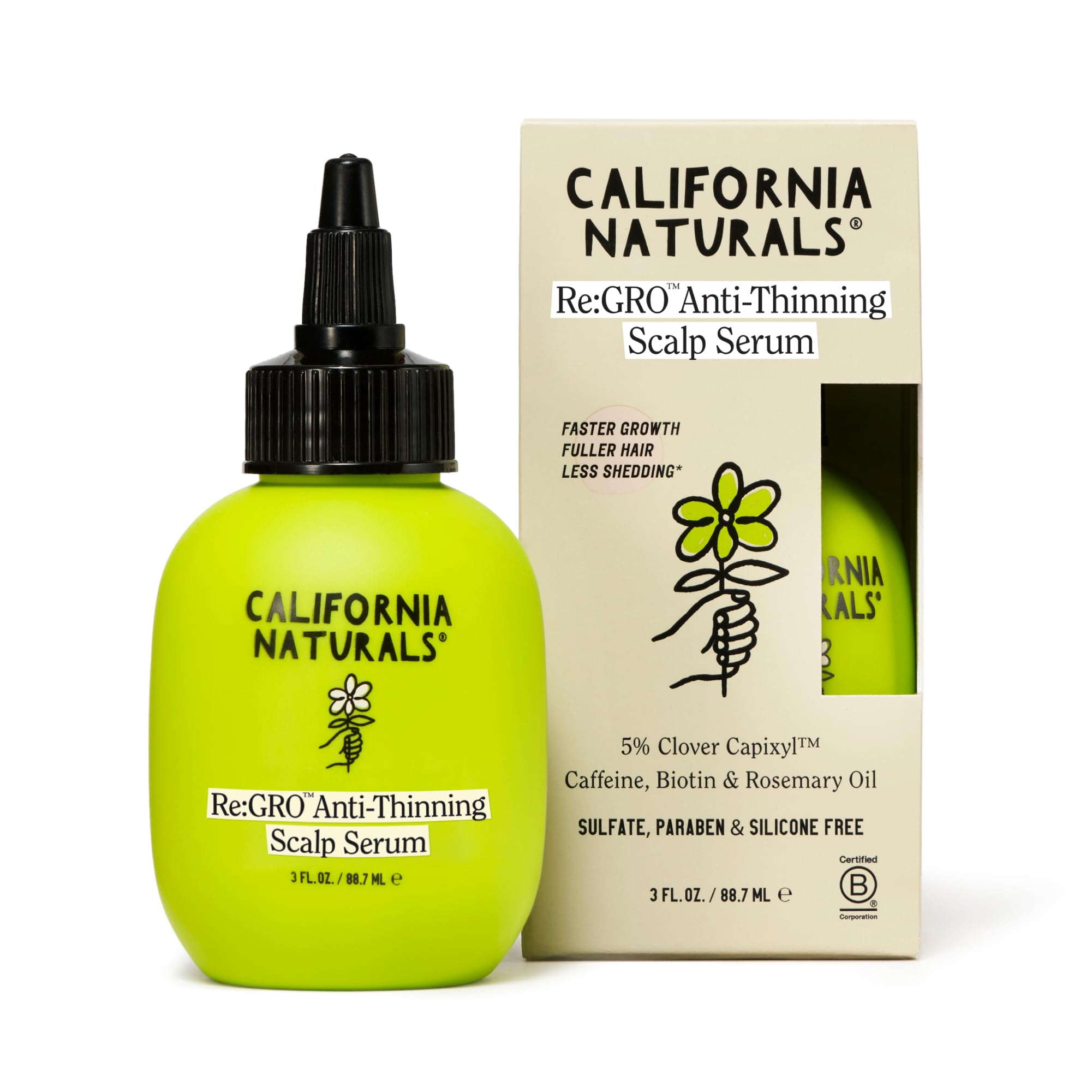 California Naturals Re:GRO Suero, bote de 3 onzas para fortalecimiento capilar.