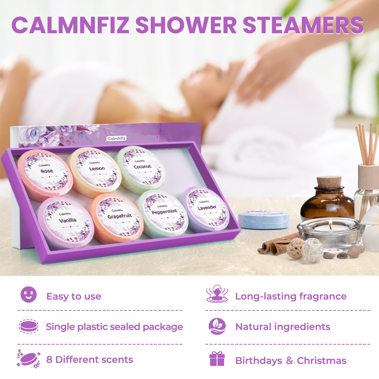 CalmNFiz bombas de ducha textura derretida: aroma se libera al vapor.