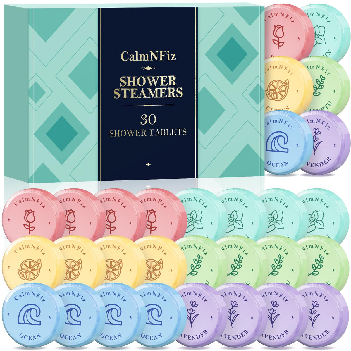CalmNFiz caja-regalo-30-pastillas-ducha: regalo perfecto para autocuidado diario.