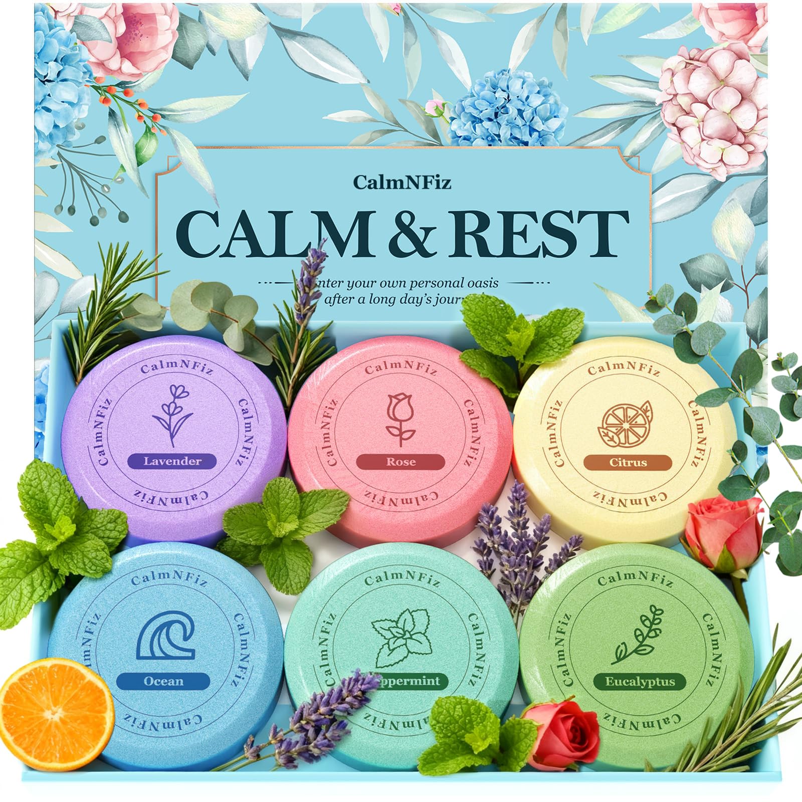 CalmNFiz pastilla de ducha cítrica para una experiencia refrescante y aromática.