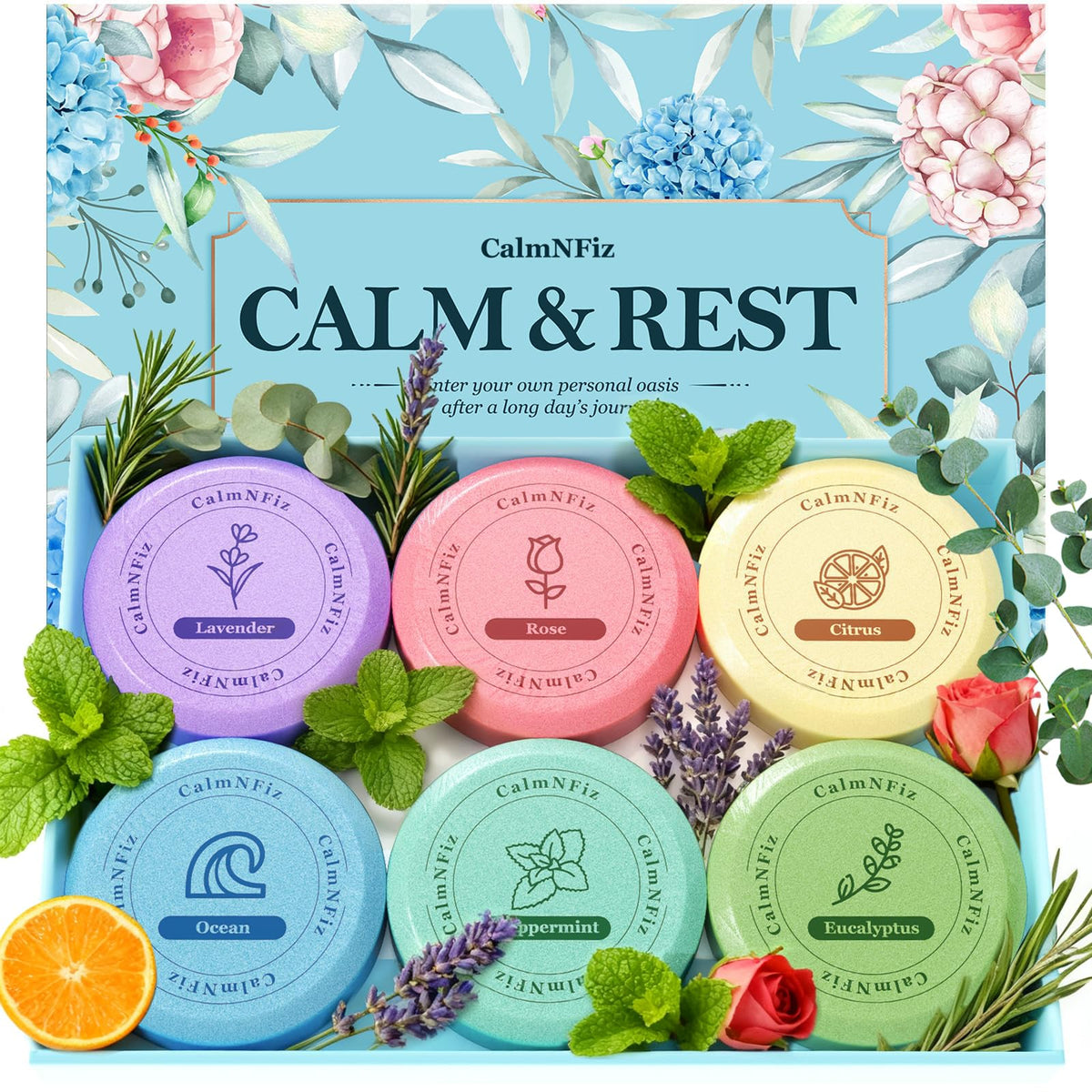 CalmNFiz pastilla de ducha cítrica para una experiencia refrescante y aromática.