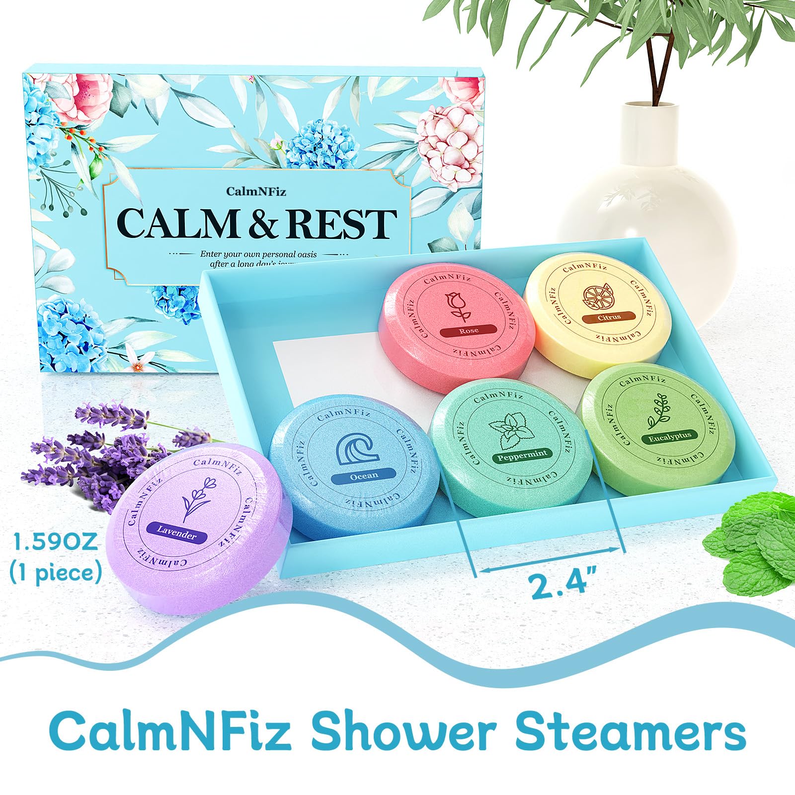 CalmNFiz pastilla de ducha menta para despertar sensaciones y alivio ligero.