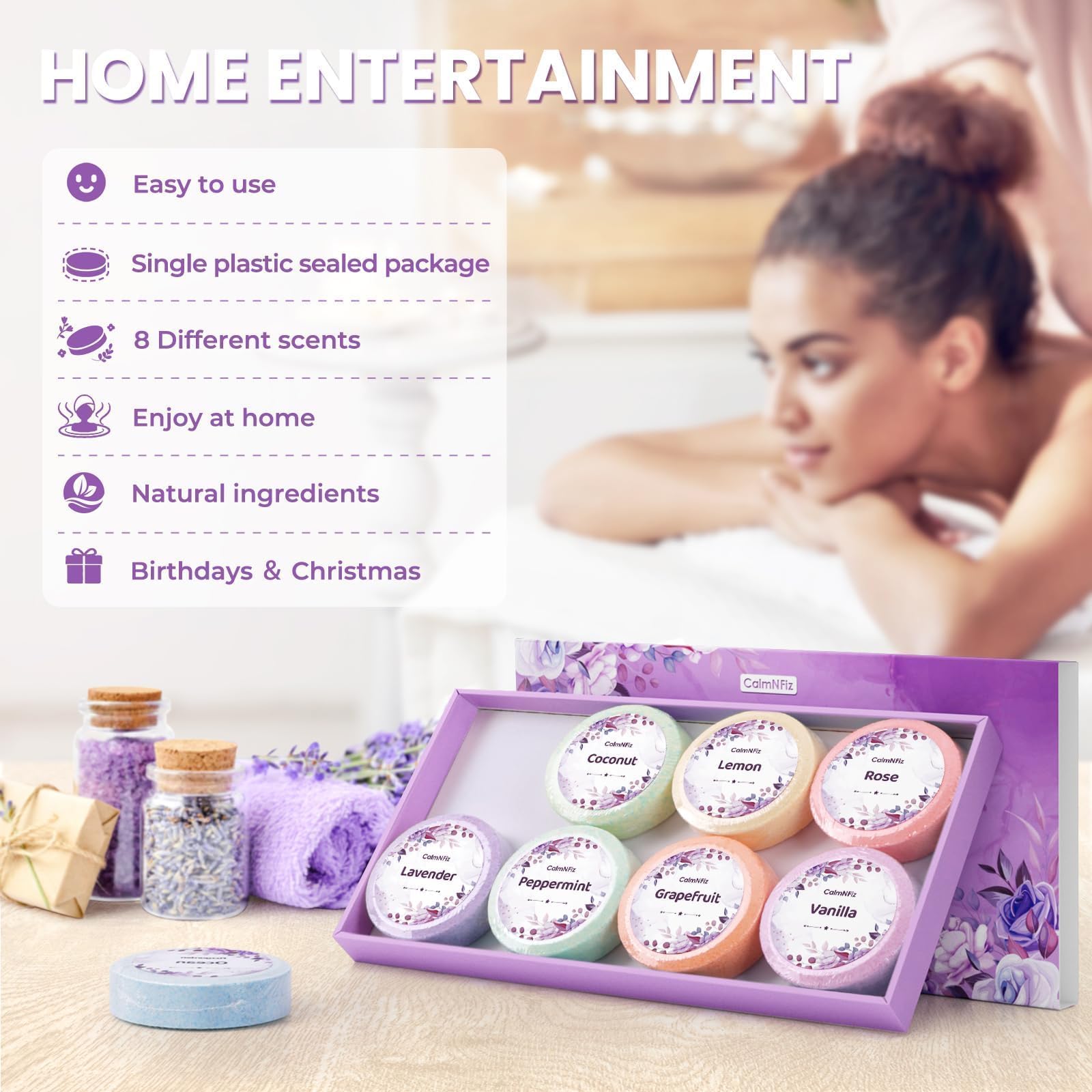 CalmNFiz Rose Shower Steamer adds a romantic floral aroma.