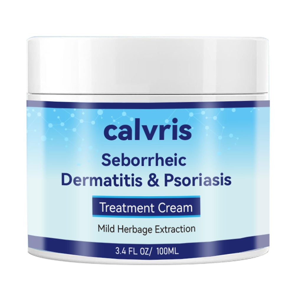 Calvris Scalp Comfort Balm bottle front highlighting a steroid-free botanical formula.