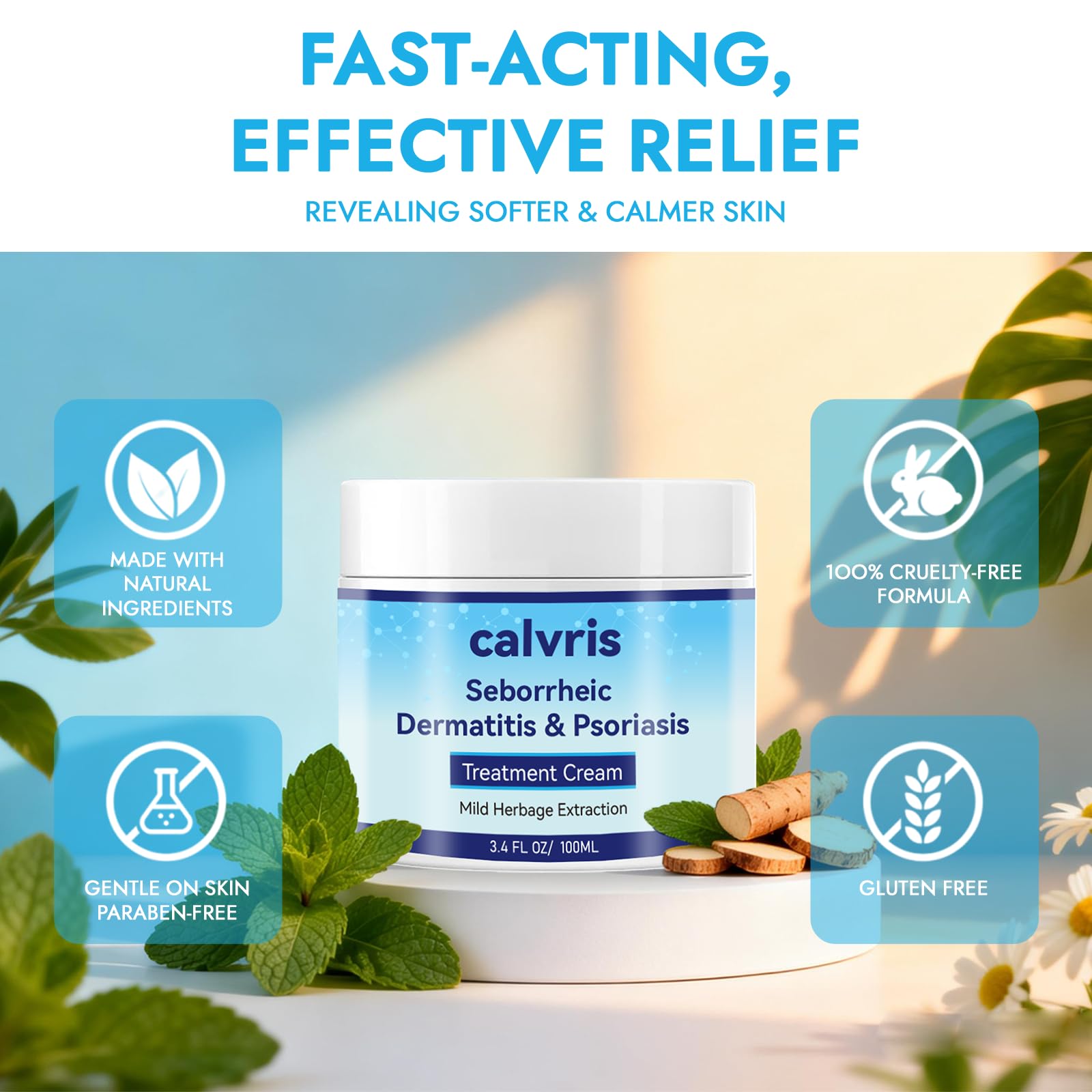 Calvris packaging emphasizes steroid-free formula and safe usage guidelines.