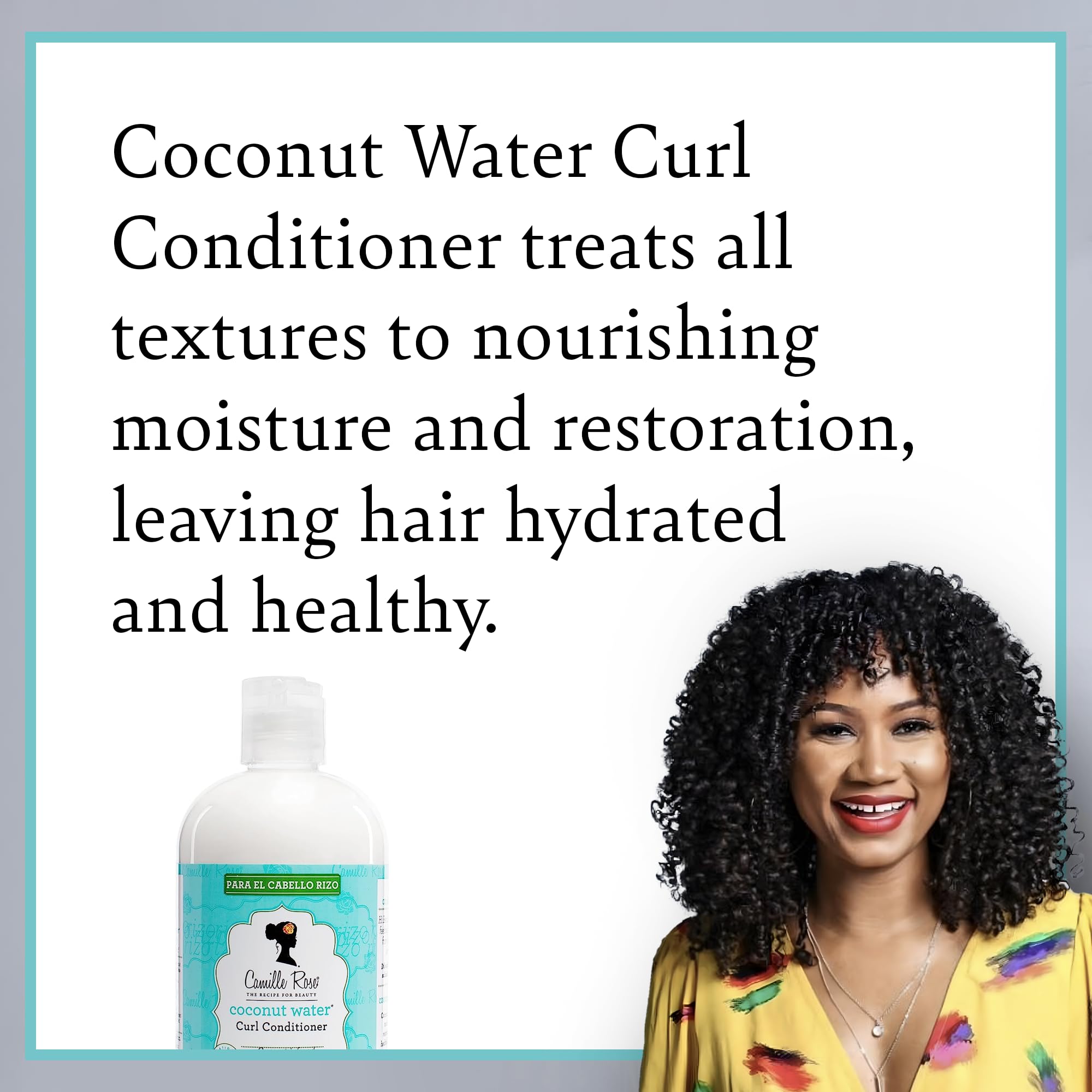 Camille Rose Acondicionador para rizos con agua de coco, etiqueta resalta aceites clave para nutrición.