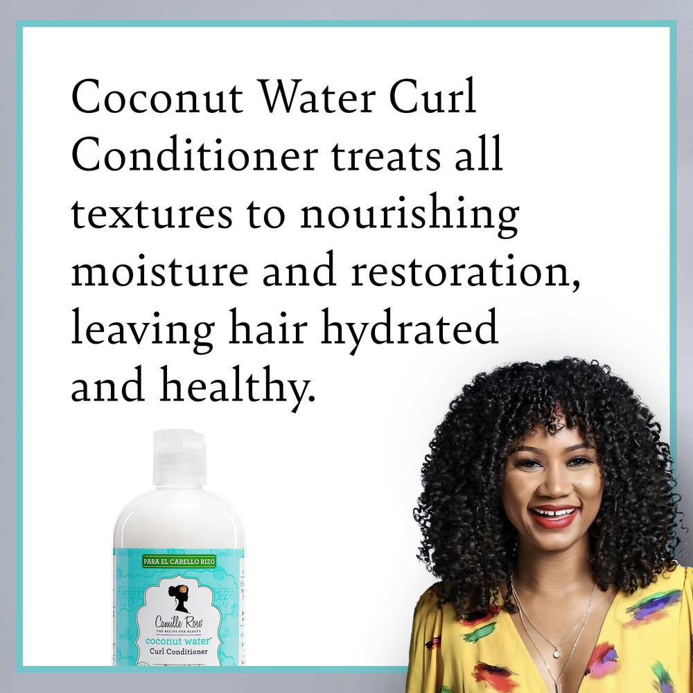 Camille Rose Acondicionador para rizos con agua de coco, etiqueta resalta aceites clave para nutrición.