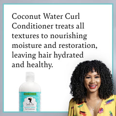 Camille Rose Acondicionador para rizos con agua de coco, etiqueta resalta aceites clave para nutrición.