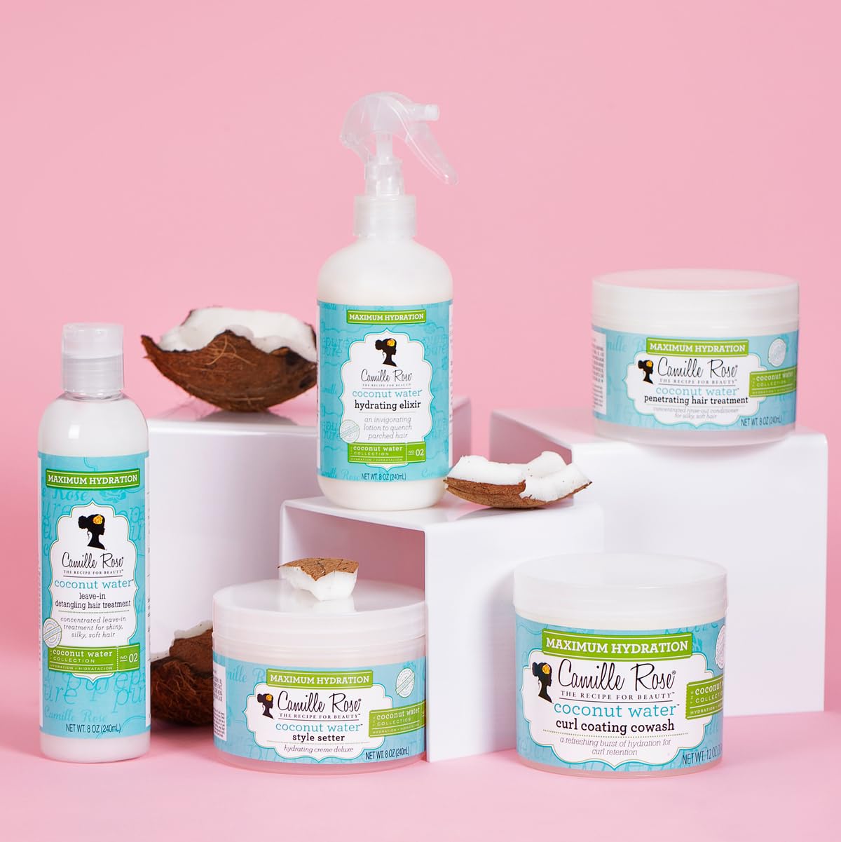 Camille Rose Acondicionador para rizos con agua de coco, aplicación en la ducha para desenredar con suavidad.