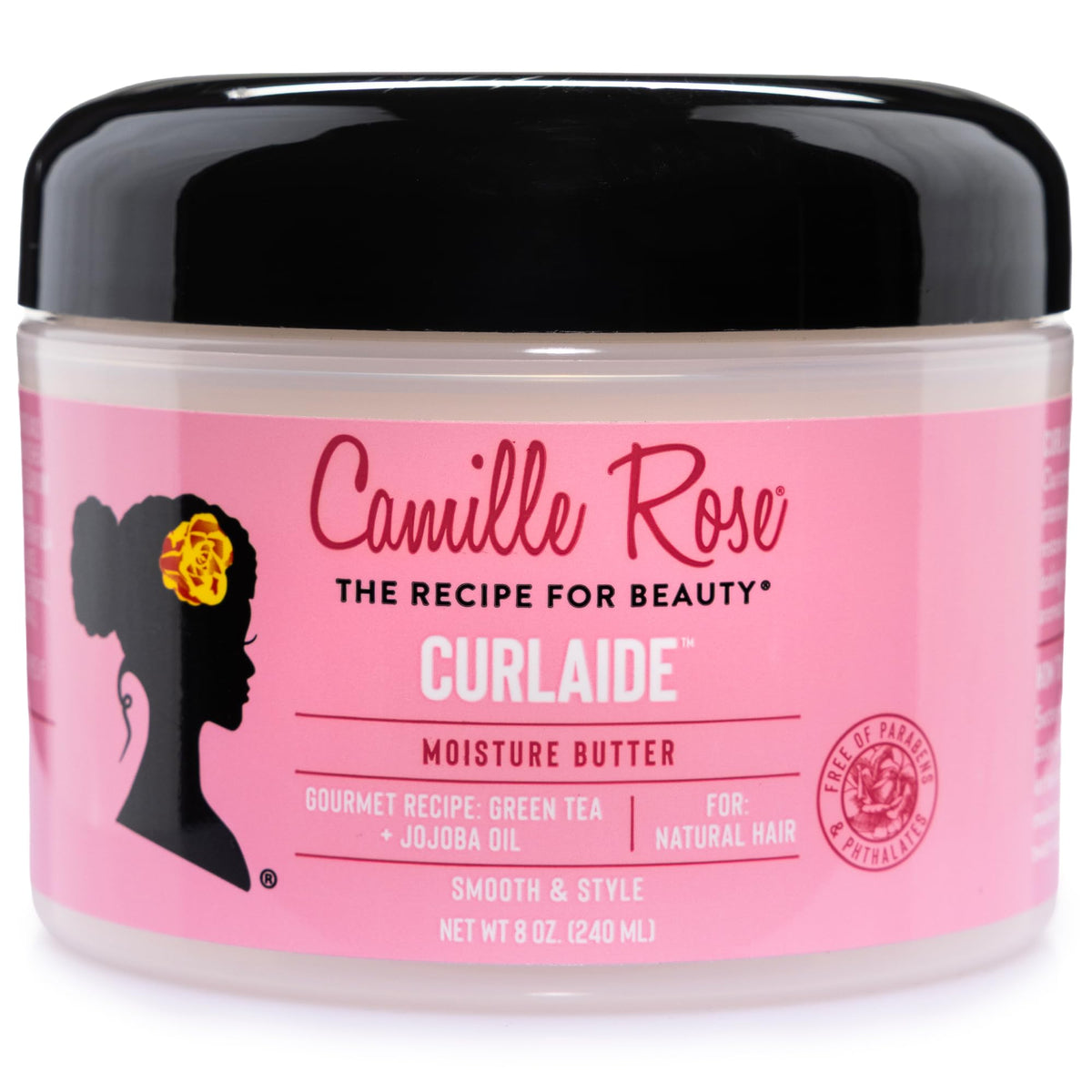 Camille Rose Curlaide mantequilla hidratante en tarro para cabello rizado.
