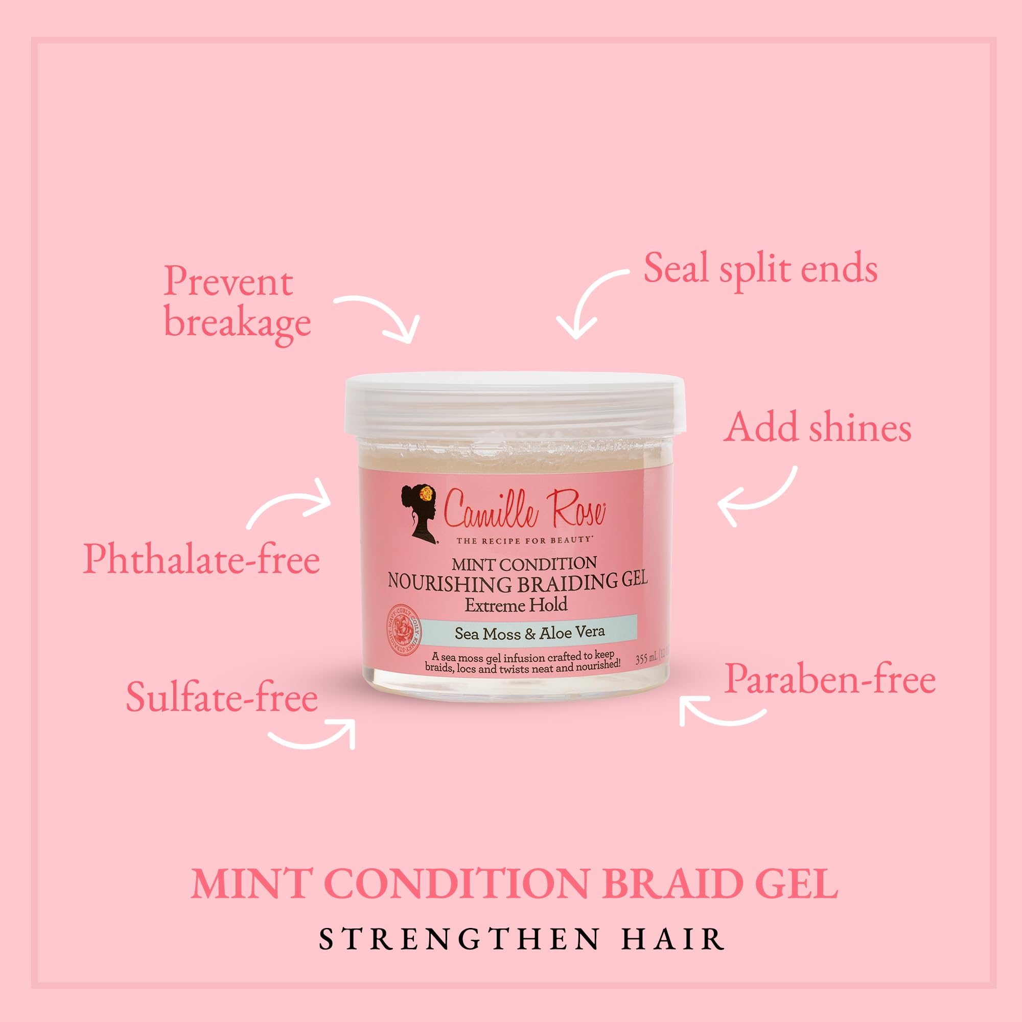 Camille Rose Mint Condition Braid Gel con aloe y musgo marino para nutrición capilar.