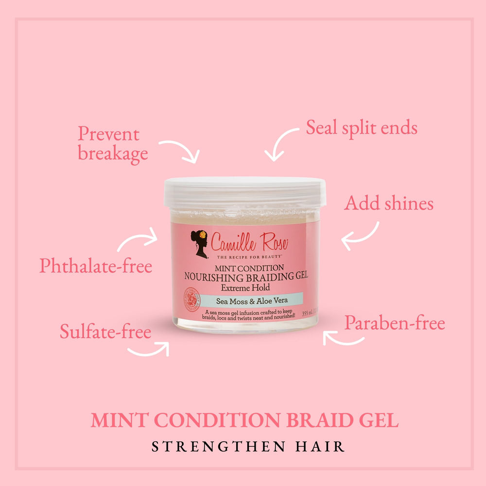 Camille Rose Mint Condition Braid Gel con aloe y musgo marino para nutrición capilar.