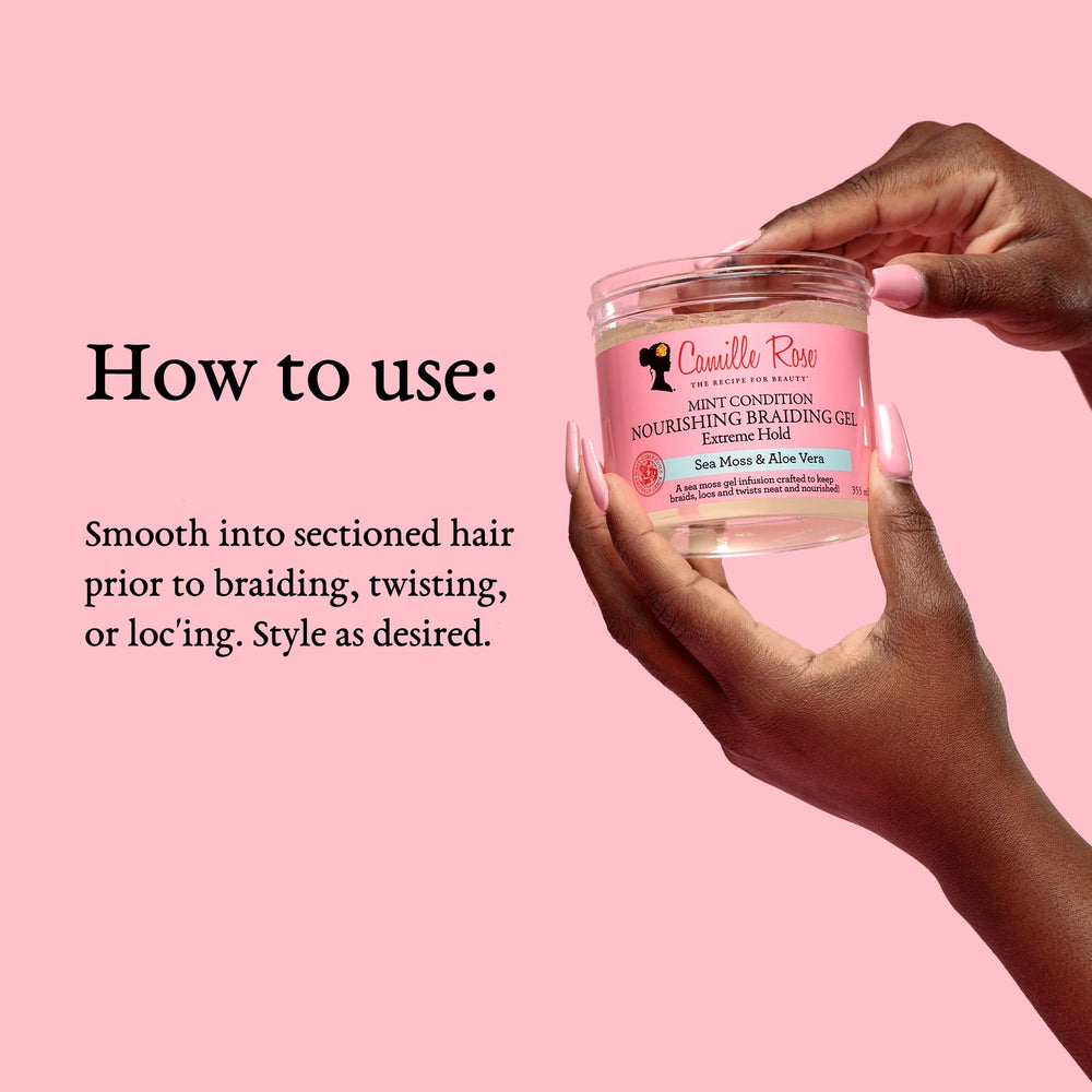 Camille Rose Mint Condition Braid Gel aporta brillo sedoso sin engrasar.