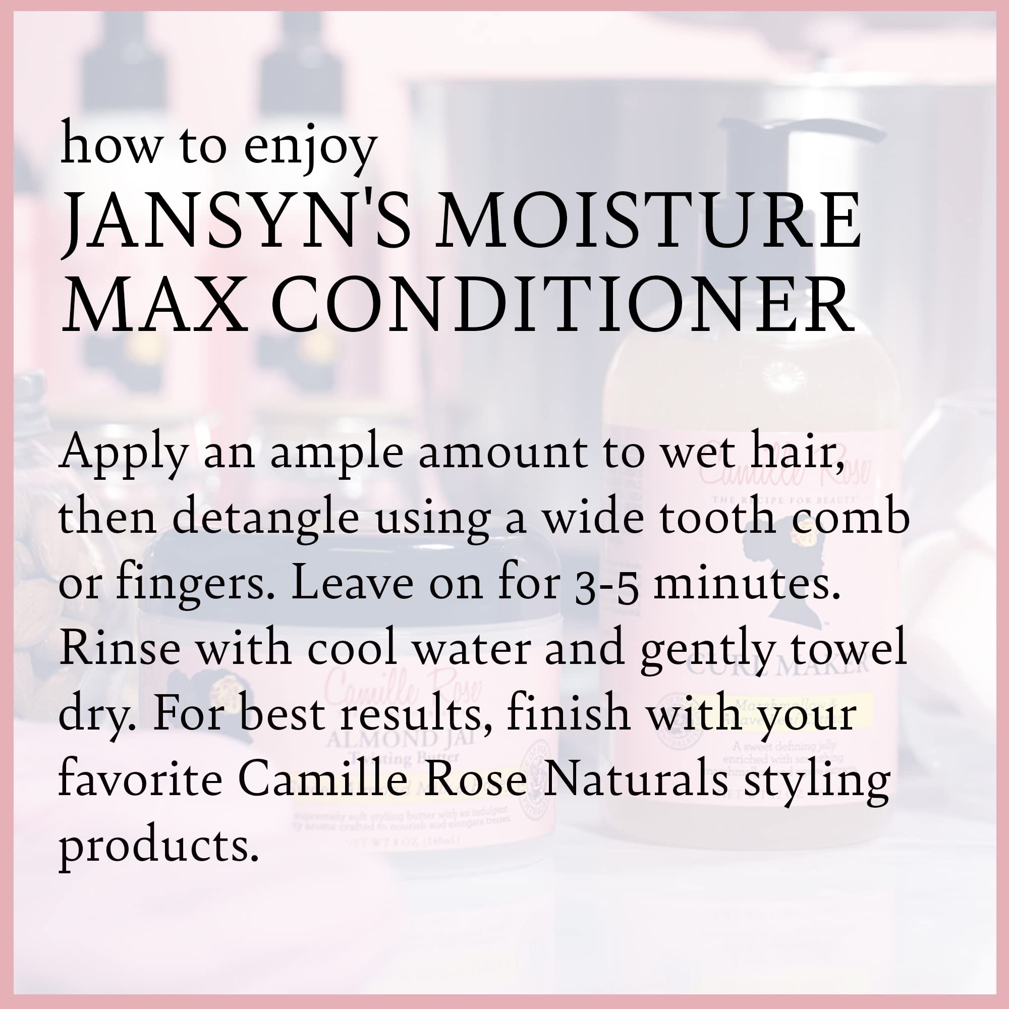 Camille Rose Moisture Max en cabello mojado ofrece hidratación inmediata.