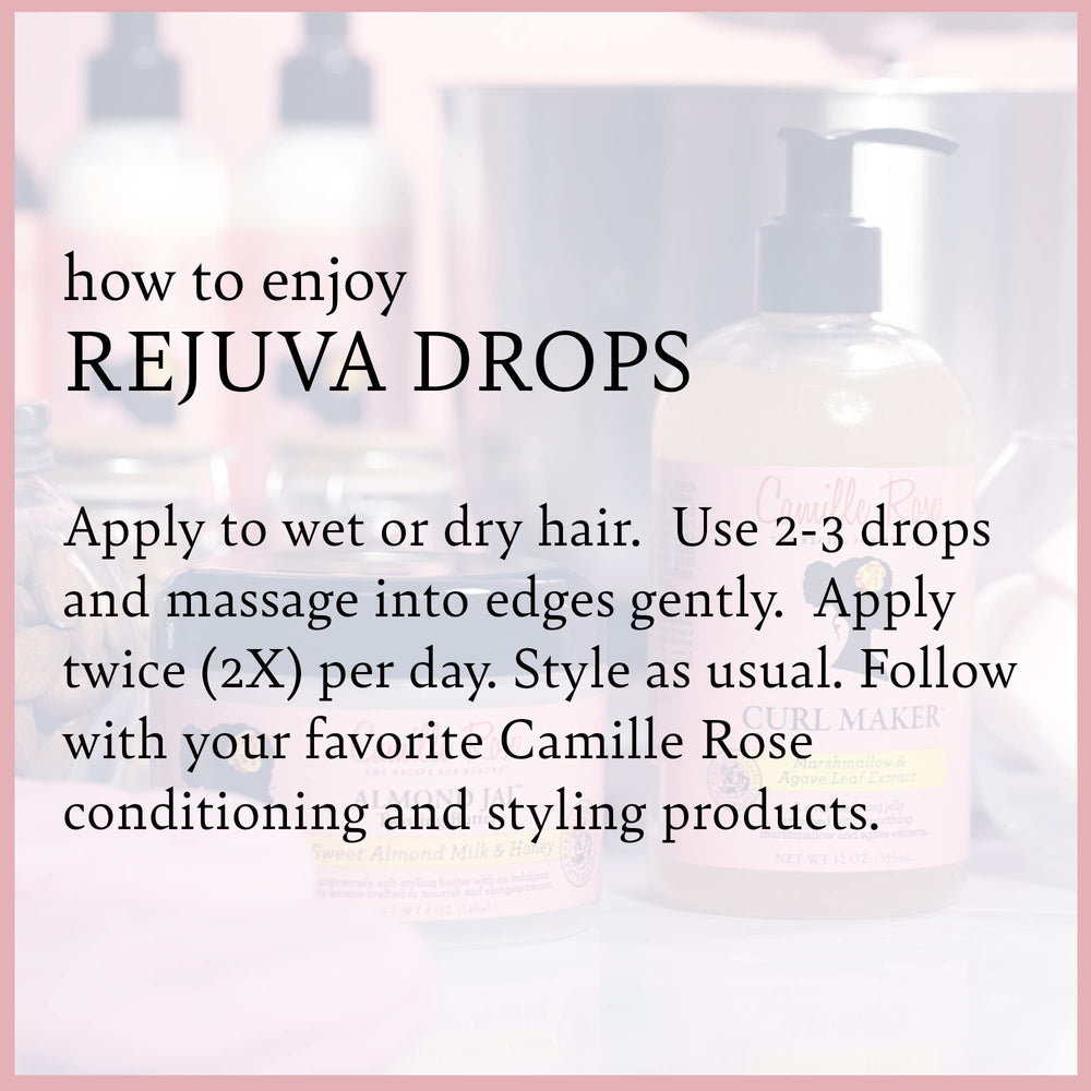 Camille Rose Rejuva Grow Back Drops, uso dos veces al día para complementar rutina capilar.