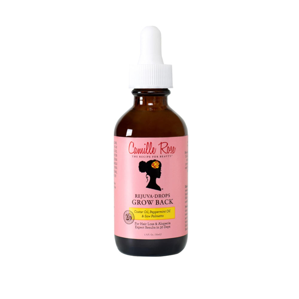Camille Rose Rejuva Grow Back Drops, bote ricino, fortalece folículos capilares.