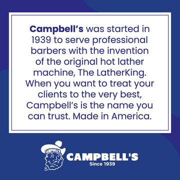 Etiqueta Campbell’s en botella premix, diseño práctico para uso diario en barbería.