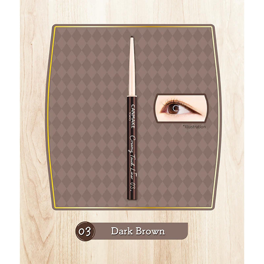 CANMAKE Creamy Touch Liner 03 Dark Brown, delineado con acción de giro para uso continuo.