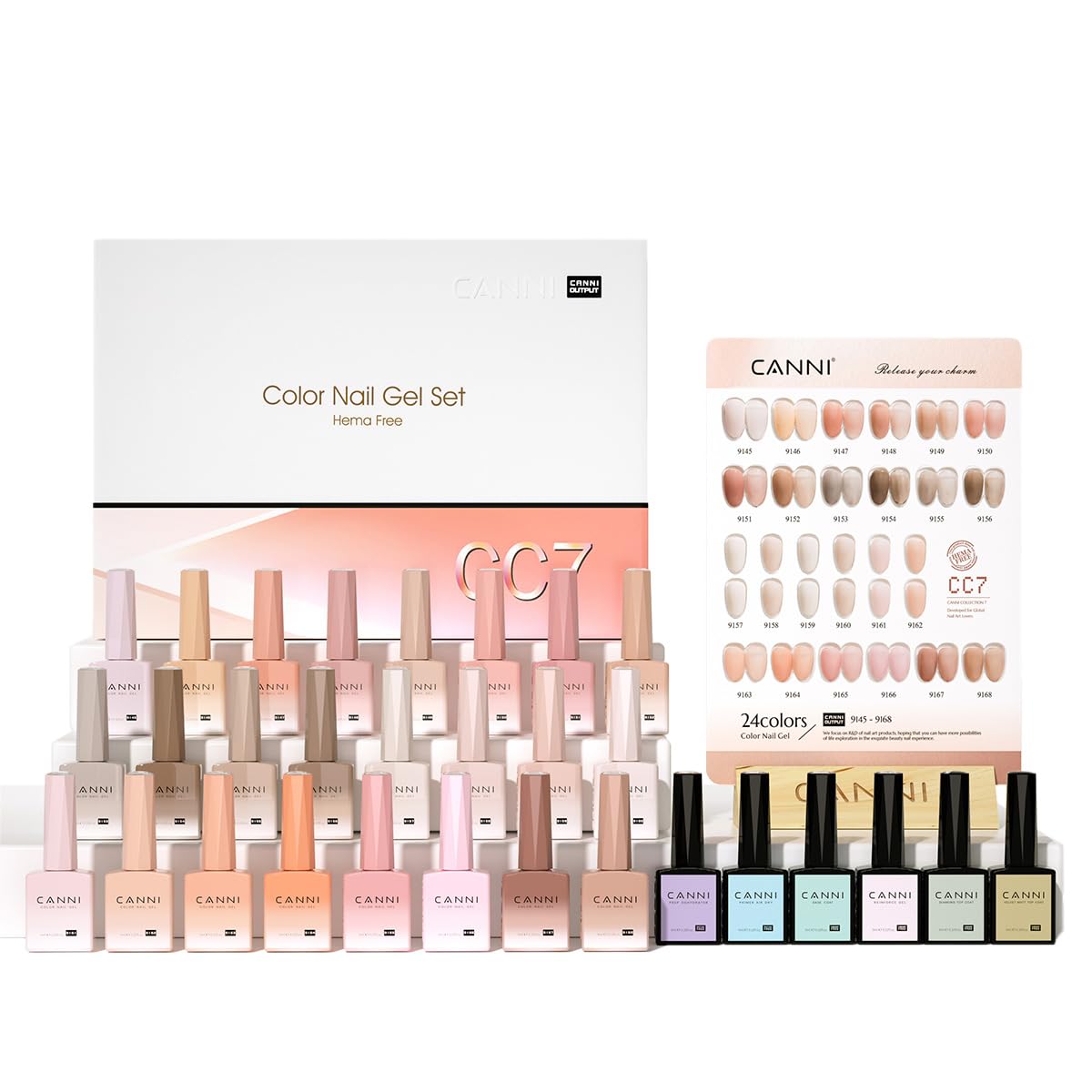 Esmalte de gel translúcido tono piel de CANNI CC7 para uñas pulidas.
