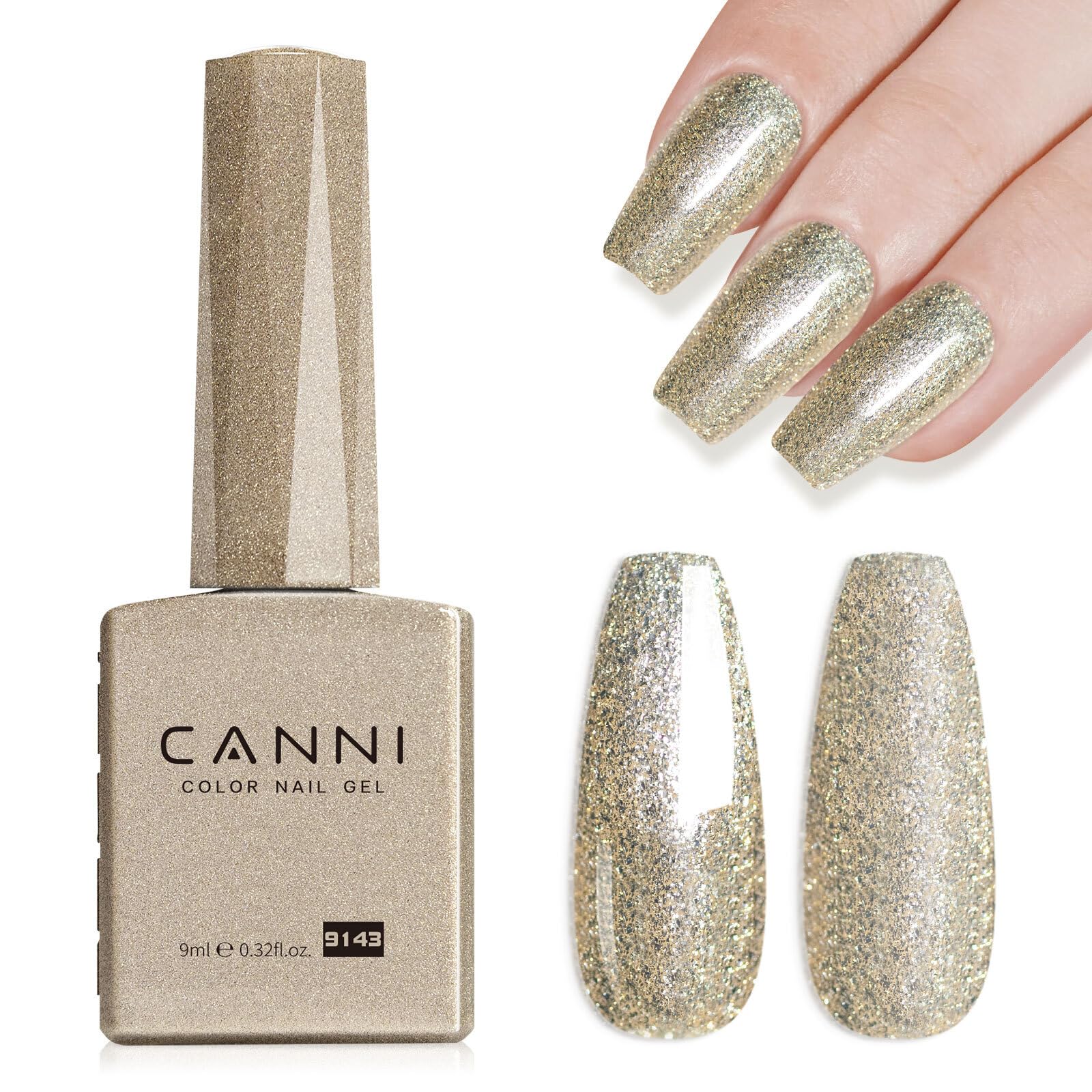 CANNI Champagne Gold Glitter Gel Polish 9ml – botella con brillo champán para uñas duraderas