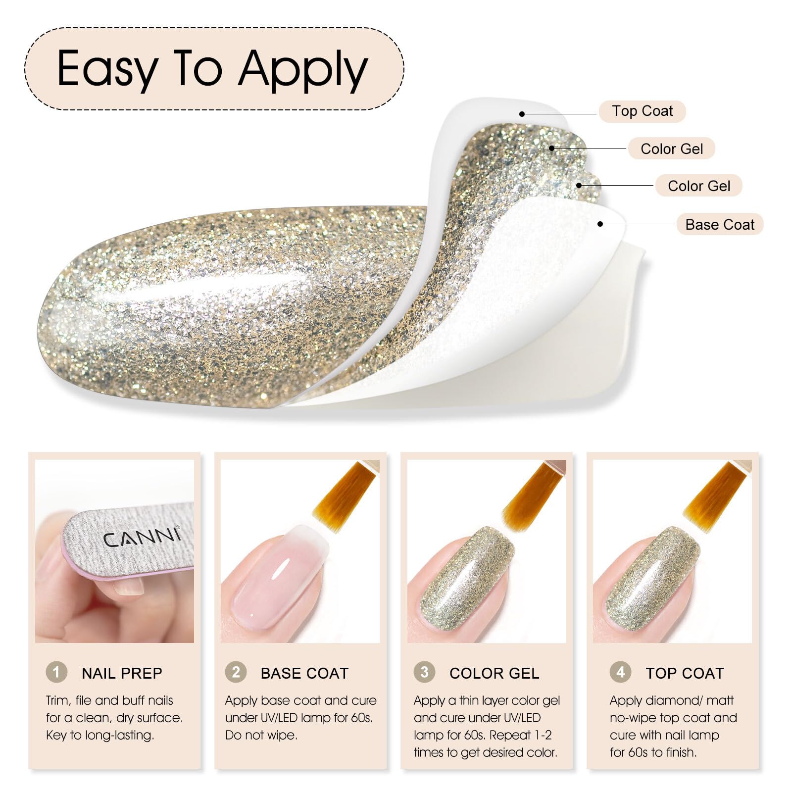 CANNI Champagne Gold Glitter Gel Polish 9ml – uso en salón con acabado duradero y deslumbrante