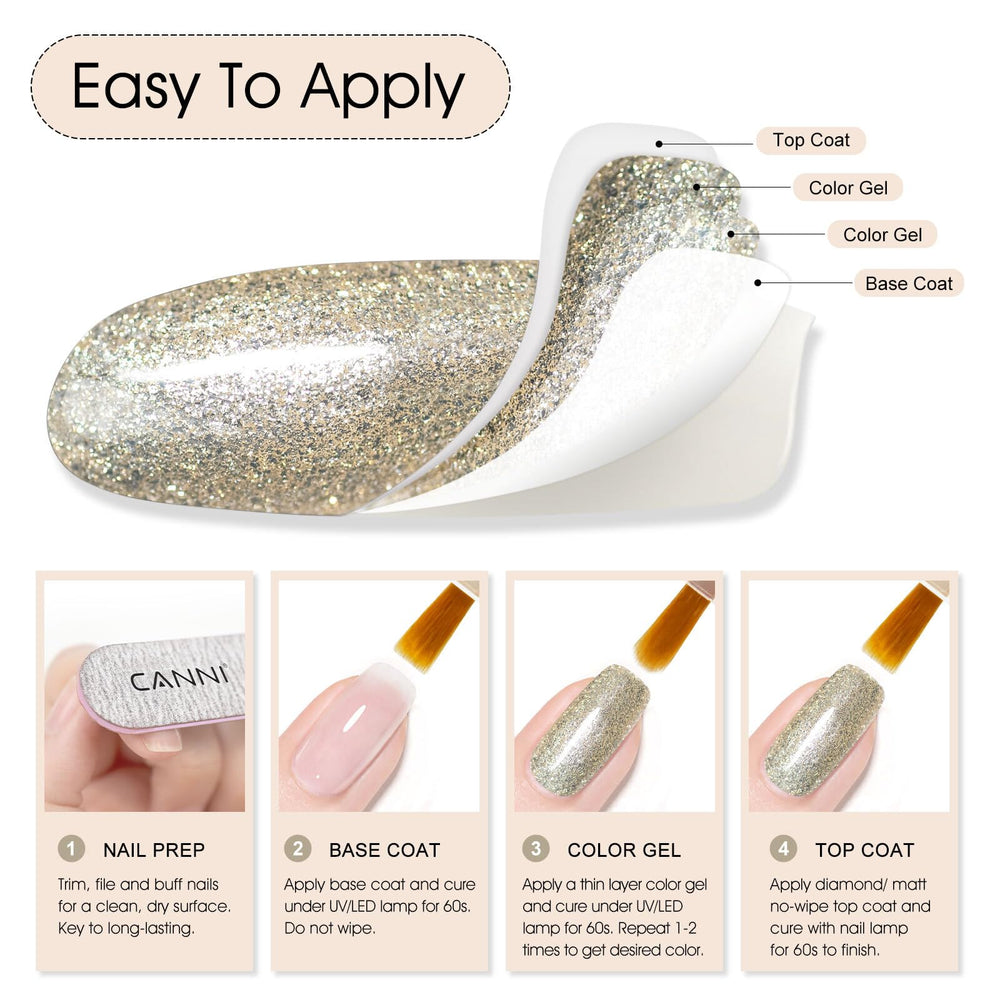CANNI Champagne Gold Glitter Gel Polish 9ml – uso en salón con acabado duradero y deslumbrante