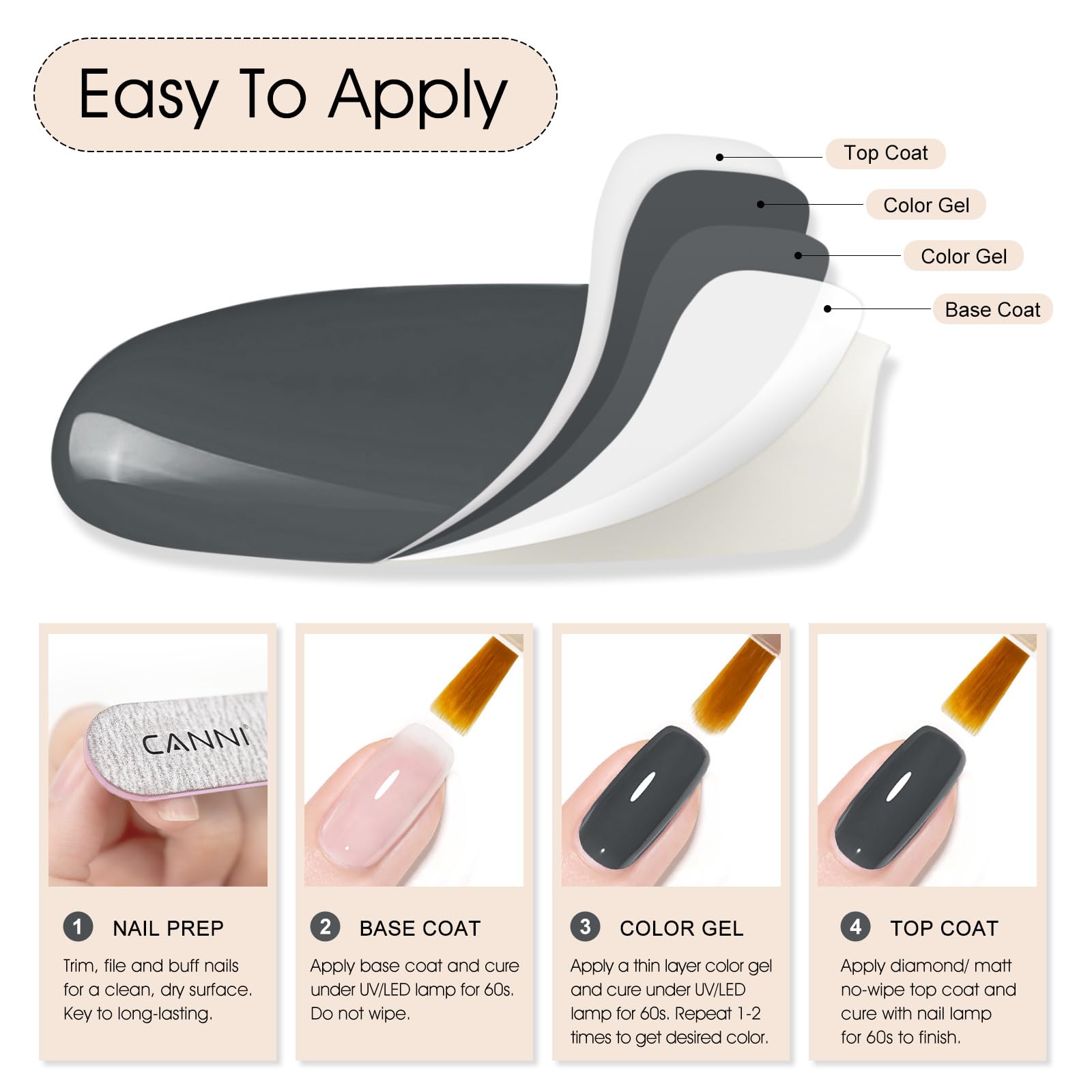 Gel gris CANNI, muestra base y capa superior para un acabado duradero.
