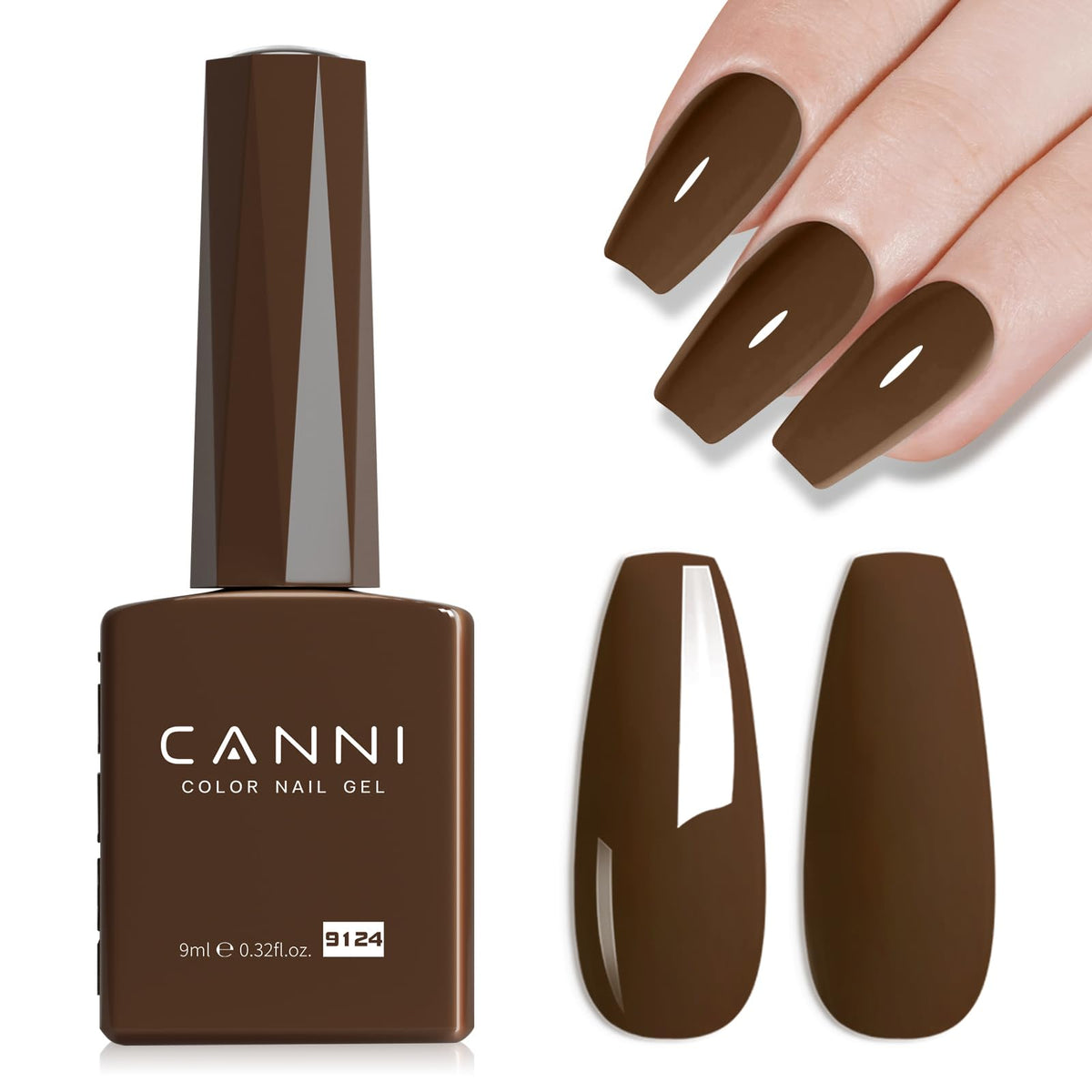 CANNI Esmalte gel marrón oscuro en botella, acabado brillante para estilos elegantes.