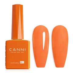 Esmalte gel naranja CANNI en botella brillante, listo para realzar un look luminoso.