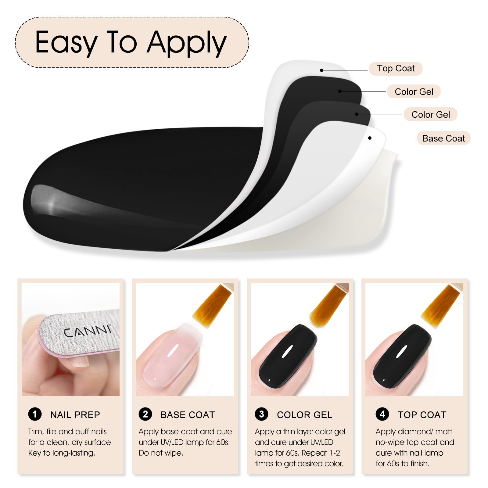CANNI Esmalte gel negro con brillo visible, acabado profesional