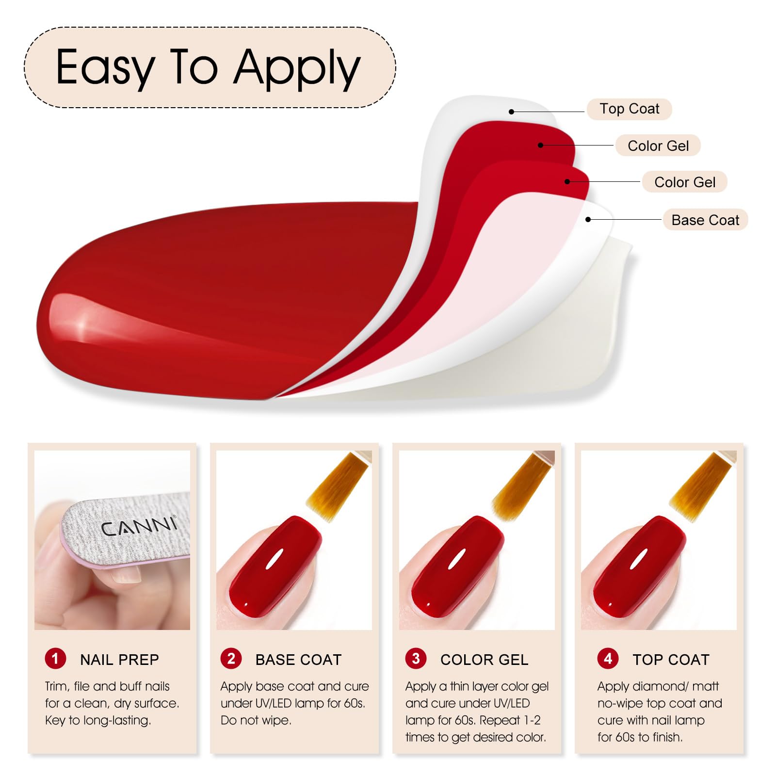 CANNI gel rojo compacto, perfecto para manicuras caseras rápidas.