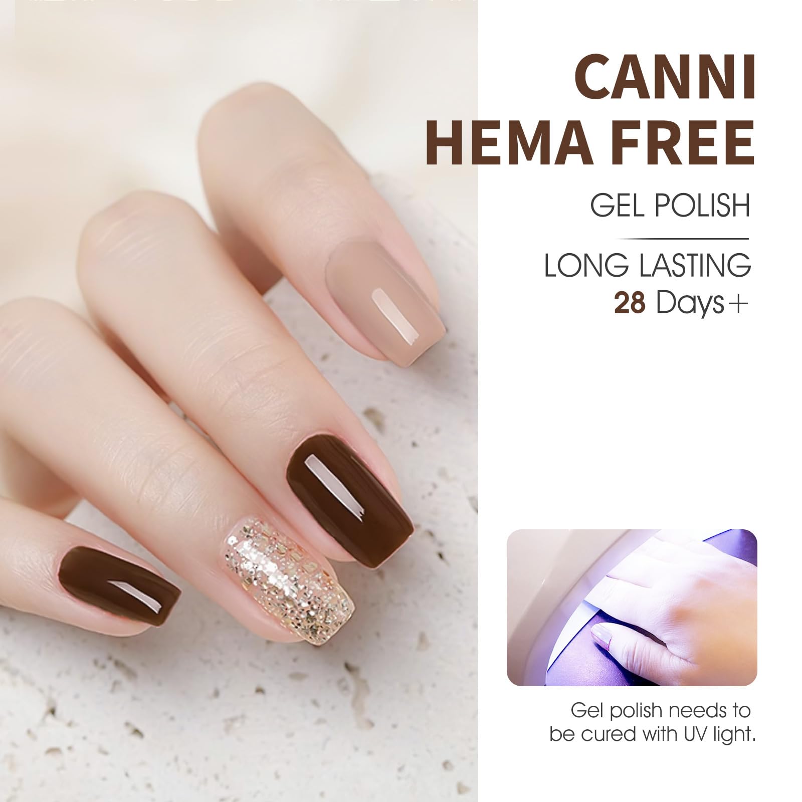 CANNI gel color swatches on nails show long-lasting shine.