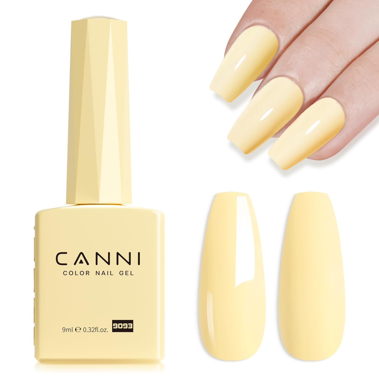 Gel de uñas CANNI en botella amarilla pastel para un acabado brillante y duradero.