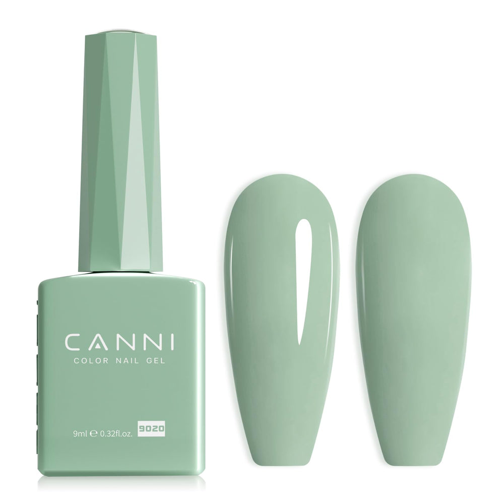 Esmalte gel CANNI verde salvia en botella muestra tono preciso para manicura.