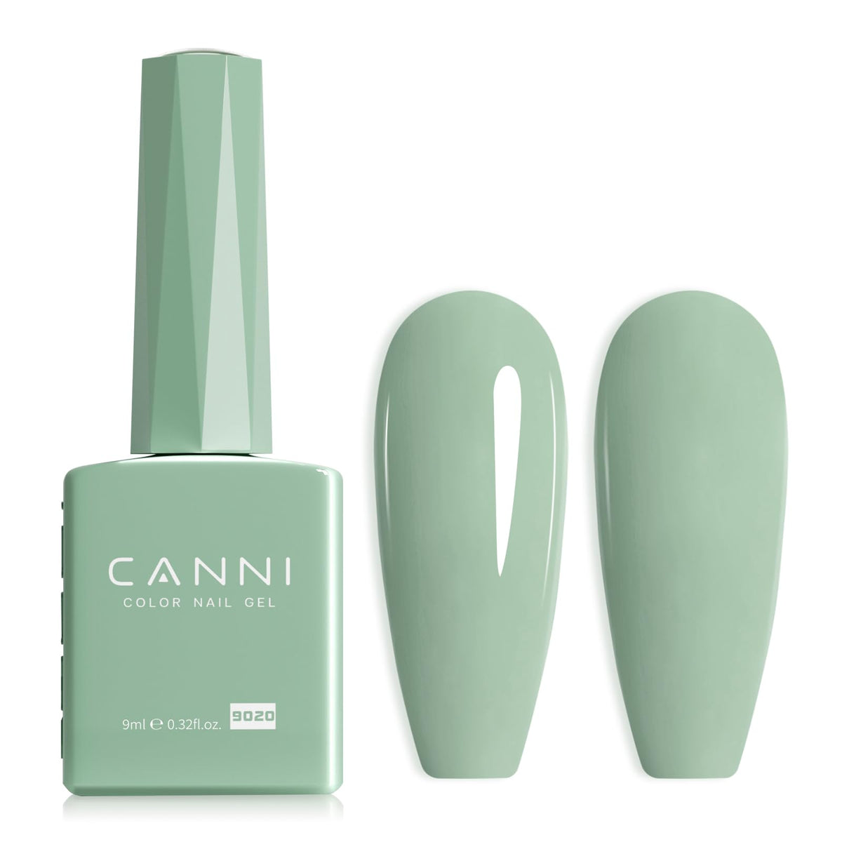 Esmalte gel CANNI verde salvia en botella muestra tono preciso para manicura.