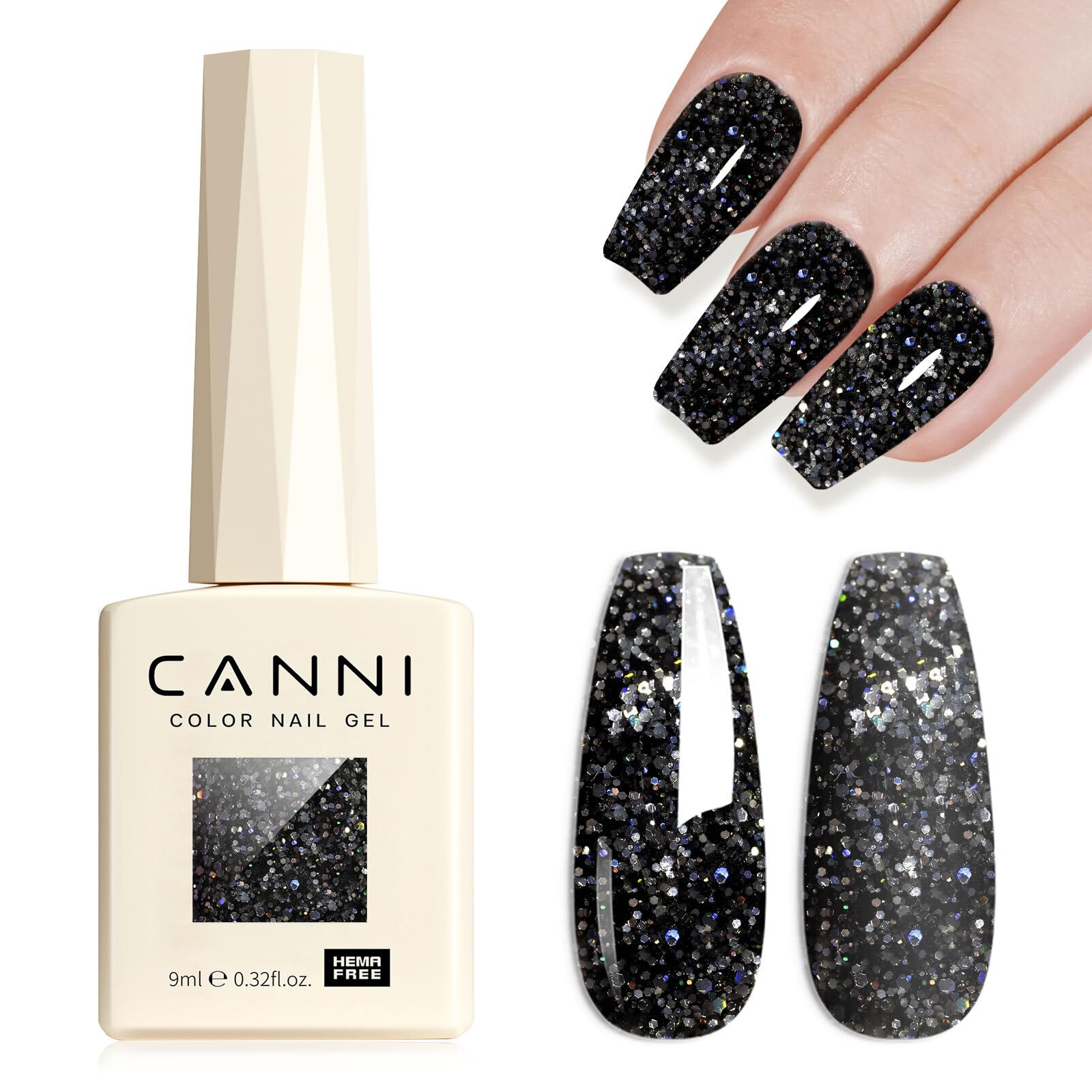 CANNI esmalte gel glitter negro con diamantes para uñas duraderas