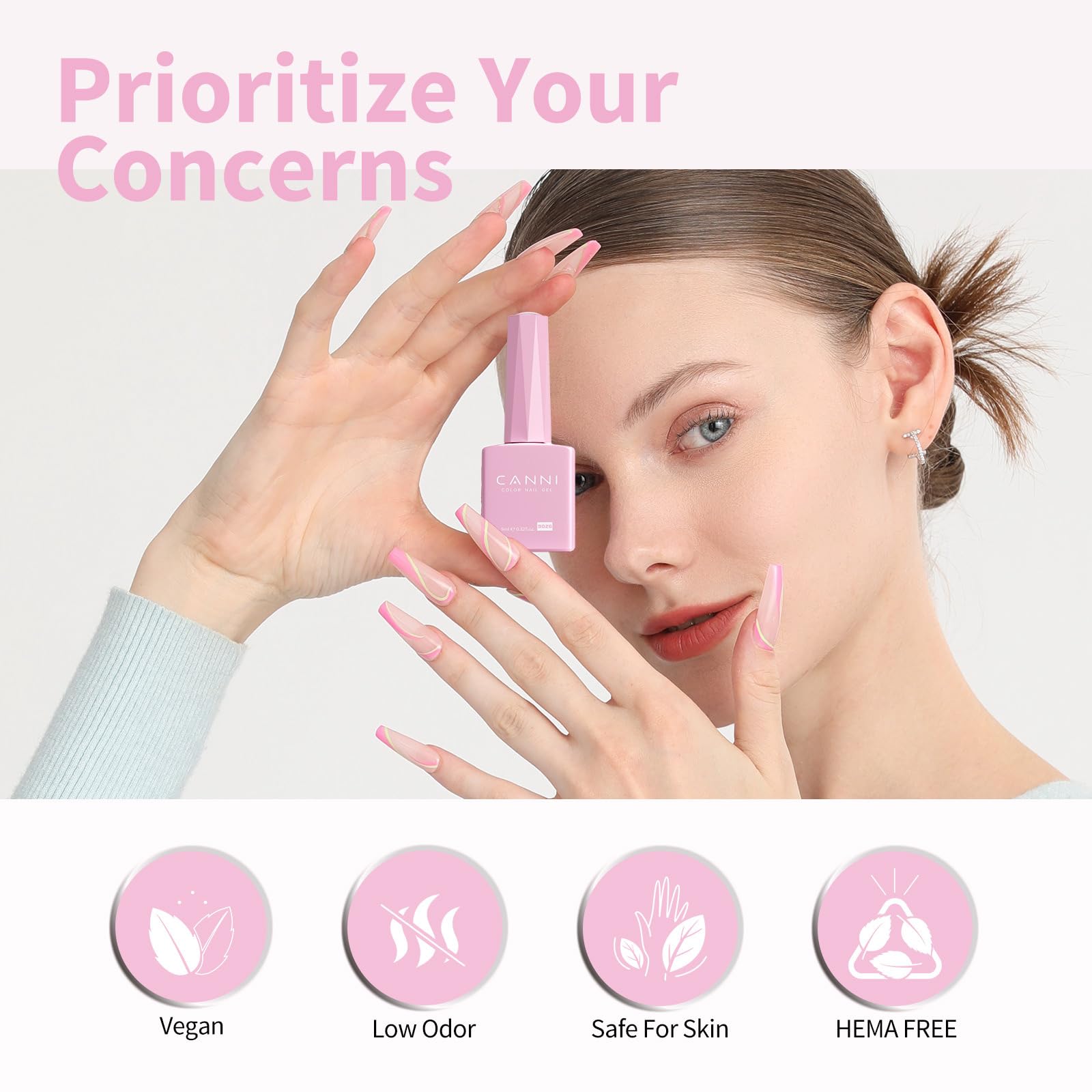 CANNI Laca Gel Rosa Claro con base y top coat, uso recomendado.