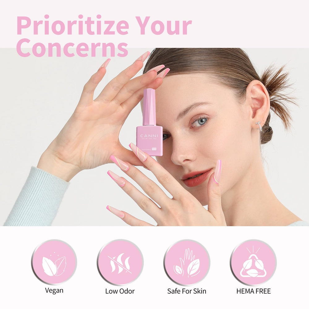 CANNI Laca Gel Rosa Claro con base y top coat, uso recomendado.