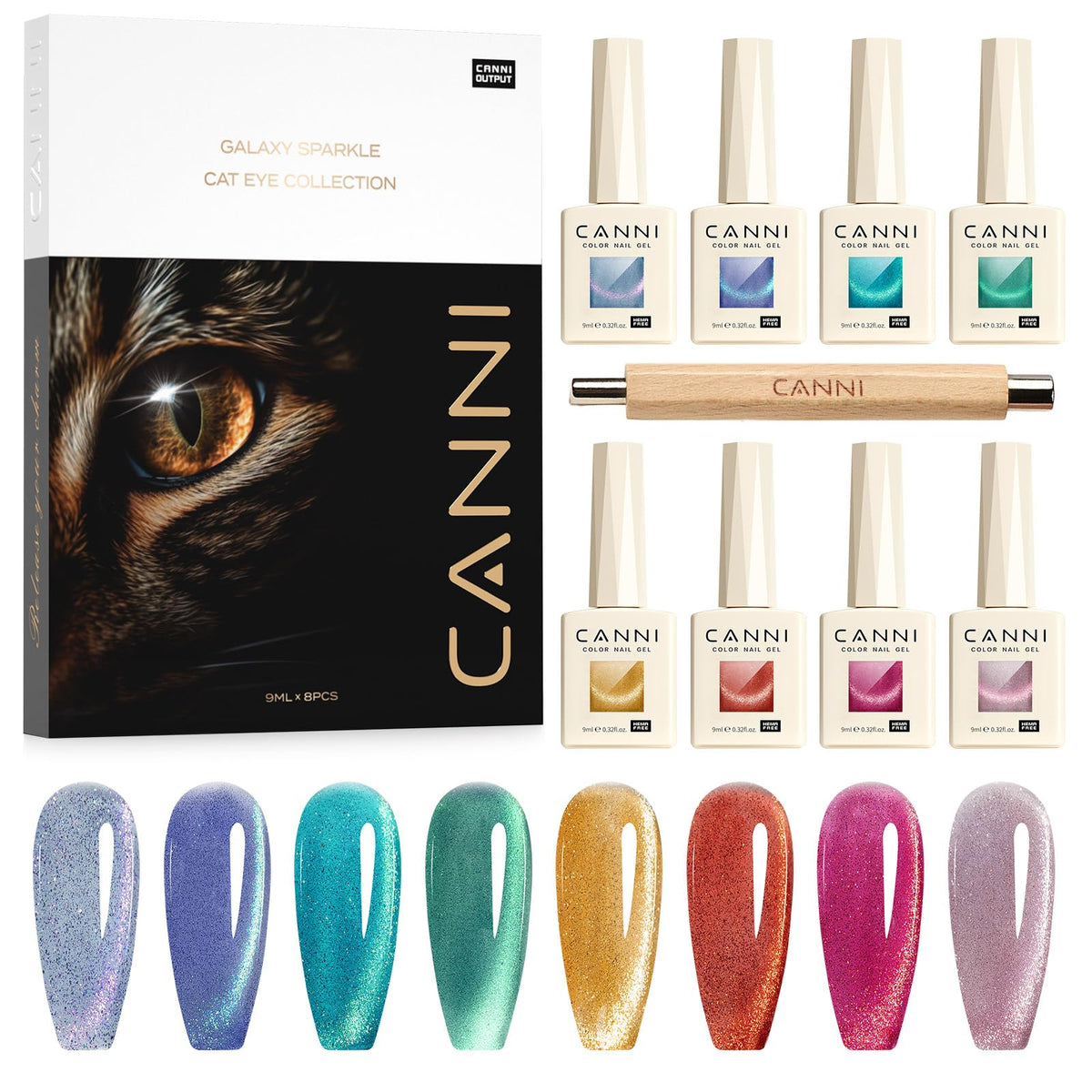 CANNI set de esmaltes gel ojo de gato, imagen general para uñas brillantes