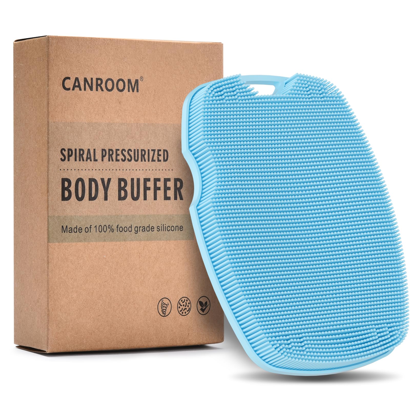 Canroom exfoliante corporal de silicona infundido en zinc, exfolia suave y mantiene la higiene en la ducha.