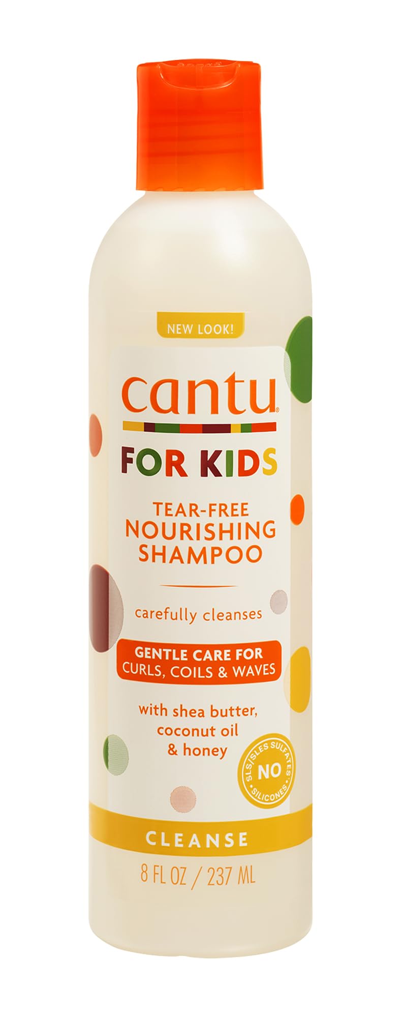 Champú nutritivo para niños Cantu, botella frontal, suaviza y protege el cabello.