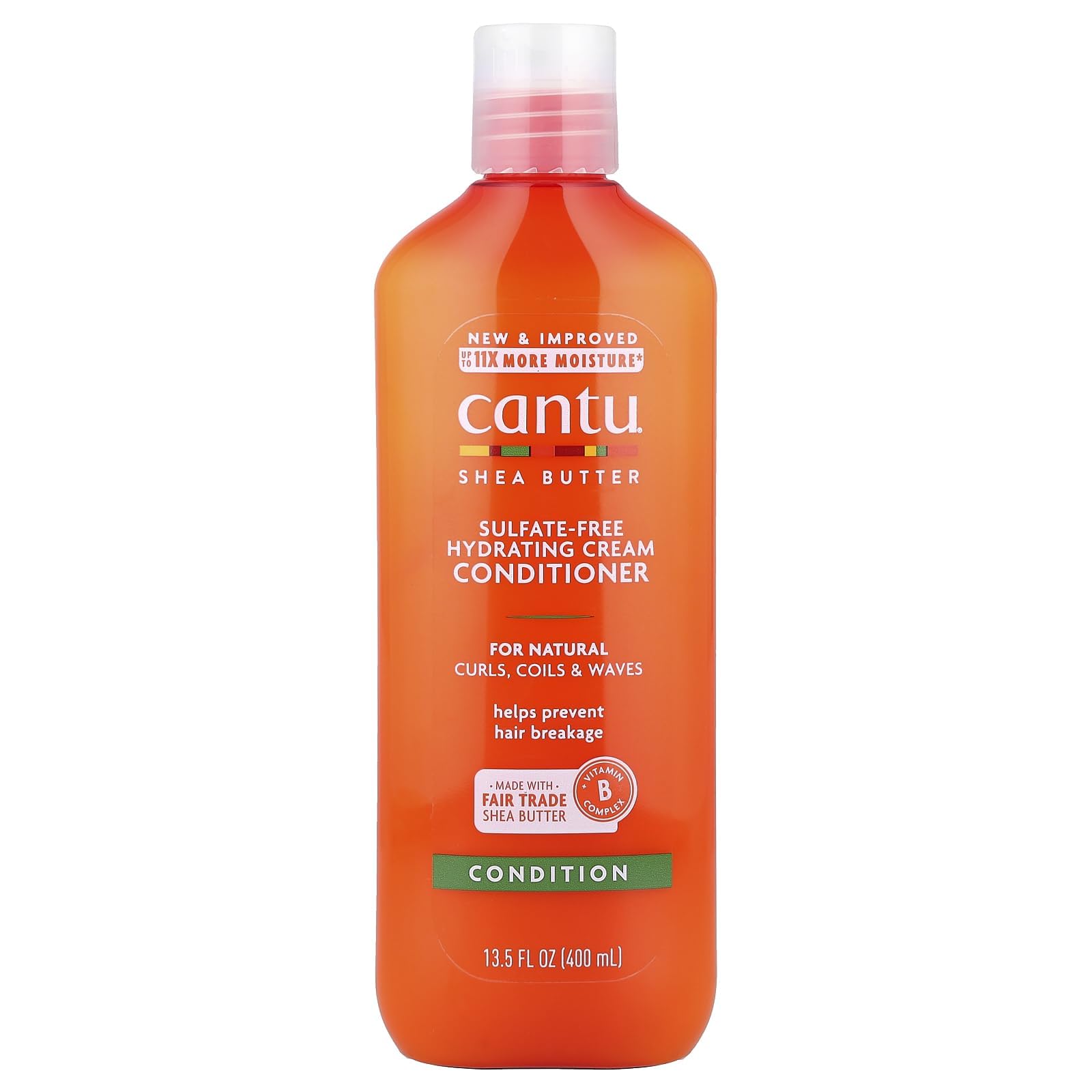 Cantu Shea Butter Acondicionador hidratante, botella vertiendo crema para rizos definidos.