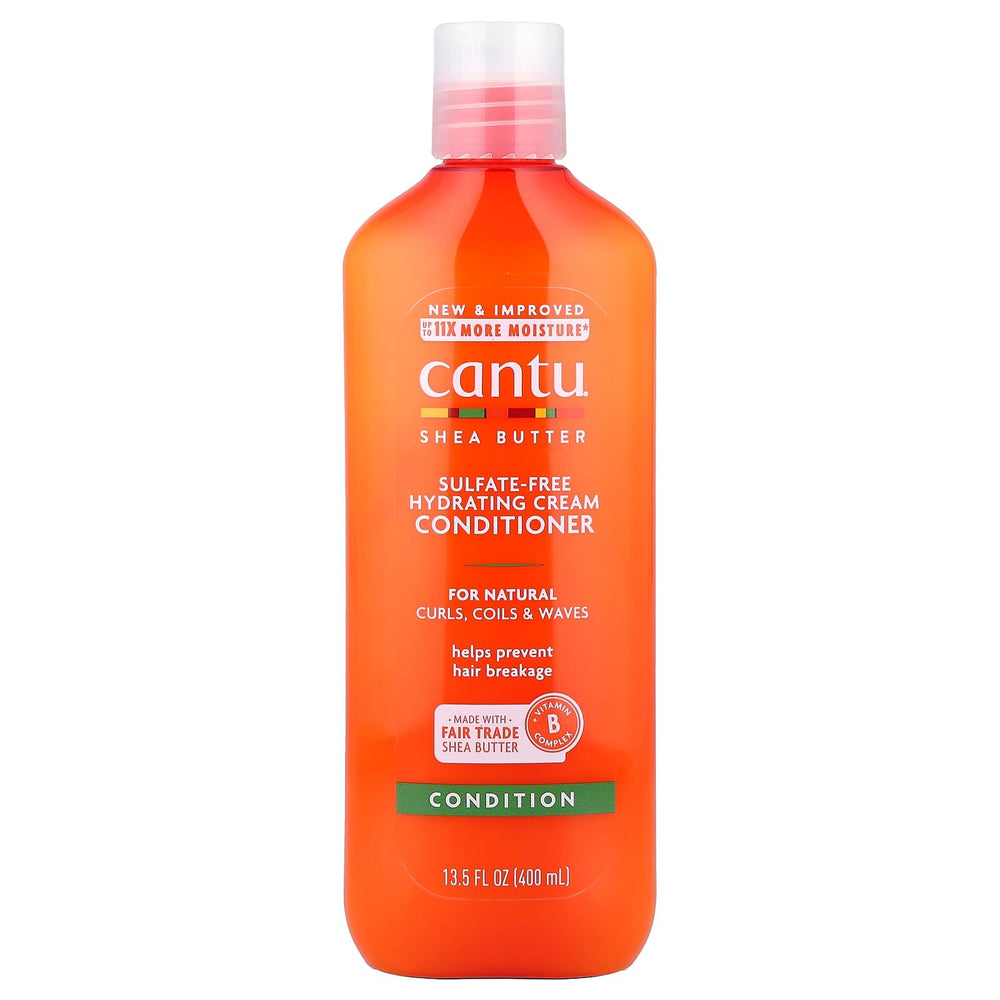 Cantu Shea Butter Acondicionador hidratante, botella vertiendo crema para rizos definidos.